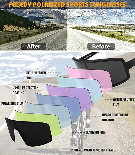 Miniatura 6 de FEISEDY Gafas de sol deportivas, escudo polarizado de gran tamaño para mujeres, hombres, jóvenes, béisbol, ciclismo, correr, al aire libre, visera