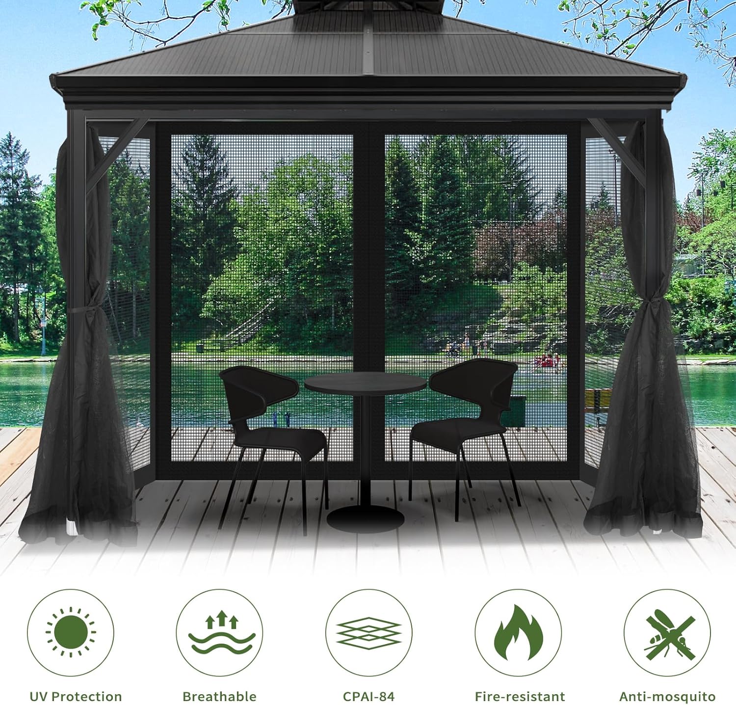 Gazebo Universal Replacement Mosquito Netting, 10' x 12' Outdoor Canopy Net Screen 4-Panel Sidewall Gazebo Curtains, with Zippers, Easy to Install, Fit for Most Gazebos 10x12 Canopy, Patio（Black）