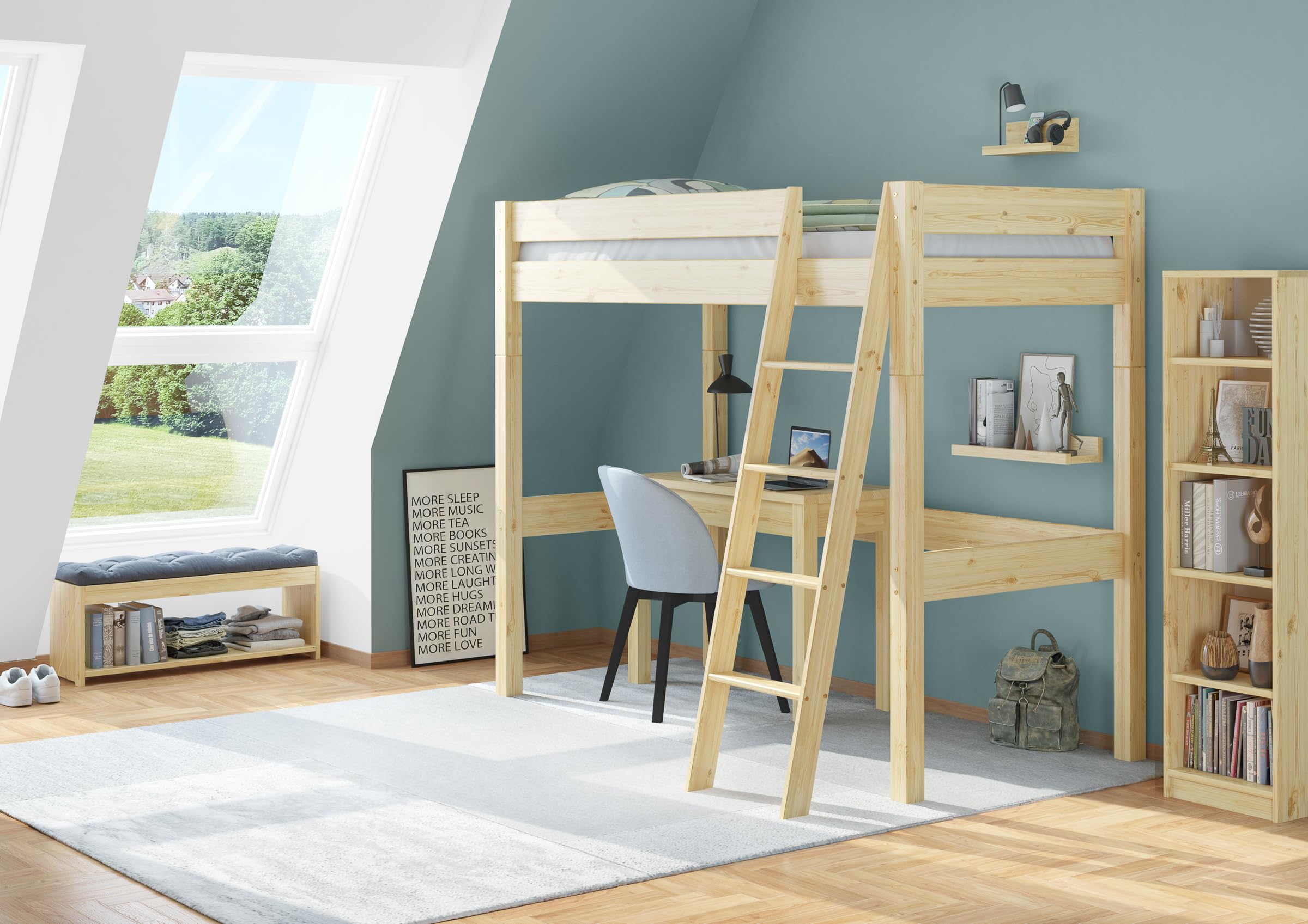 Erst-Holz Zubehör für Einzelbett zur Erweiterung zum Hochbett Pfosten Leiter, Sicherung V-60.20Z-09 (Kiefer)