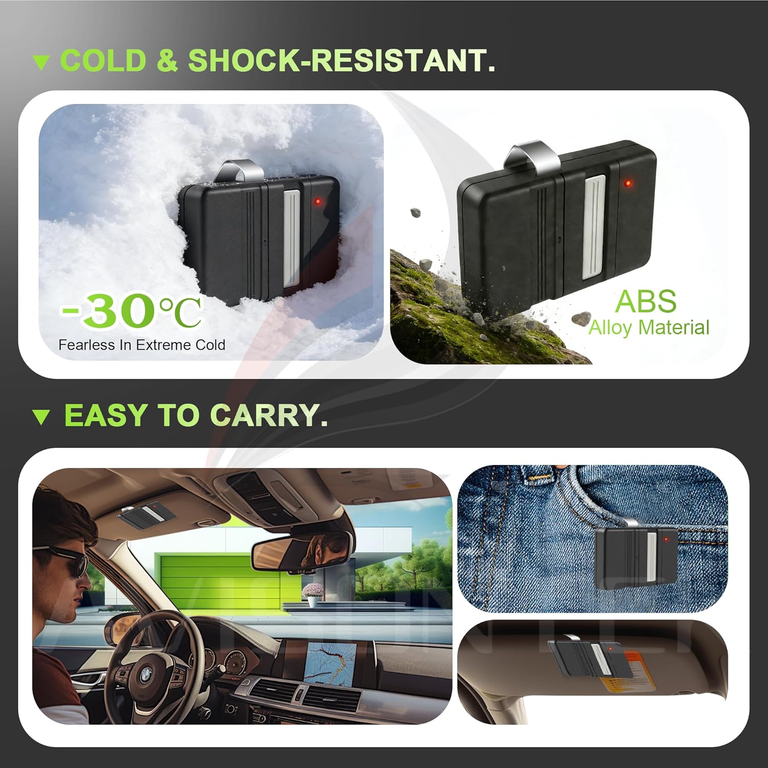 Image depicting the remote being used to open a garage door from a car.