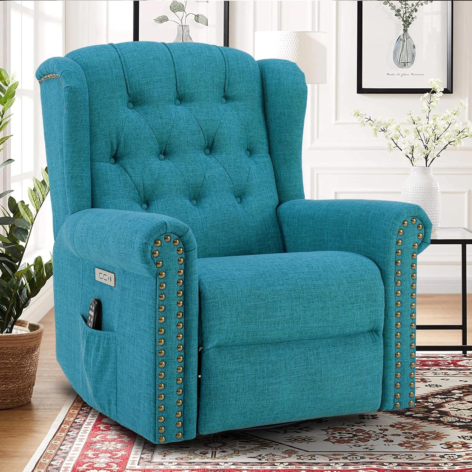 Power Swivel Rocking Glider Recliner Chair with Massage and Heat, Electric Nursery Glider Rocker for Living Room, Wingback Tufted Upholstered Recliner Chair with Type-C & USB Ports, Teal