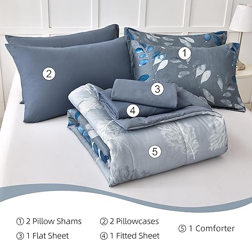 Miniatura 7 de Juego de edredón floral azul tamaño matrimonial de 7 piezas con hojas degradadas botánicas azul marino, juego de ropa de cama ultra suave de