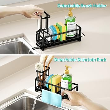 HapiRm Kitchen Sink Caddy Black- Self-draining Sponge Holder with Brush Holder and Dishcloth Holder, Stainless Steel Sink Tidy Organiser for Countertop Kitchen Storage & Organisation
