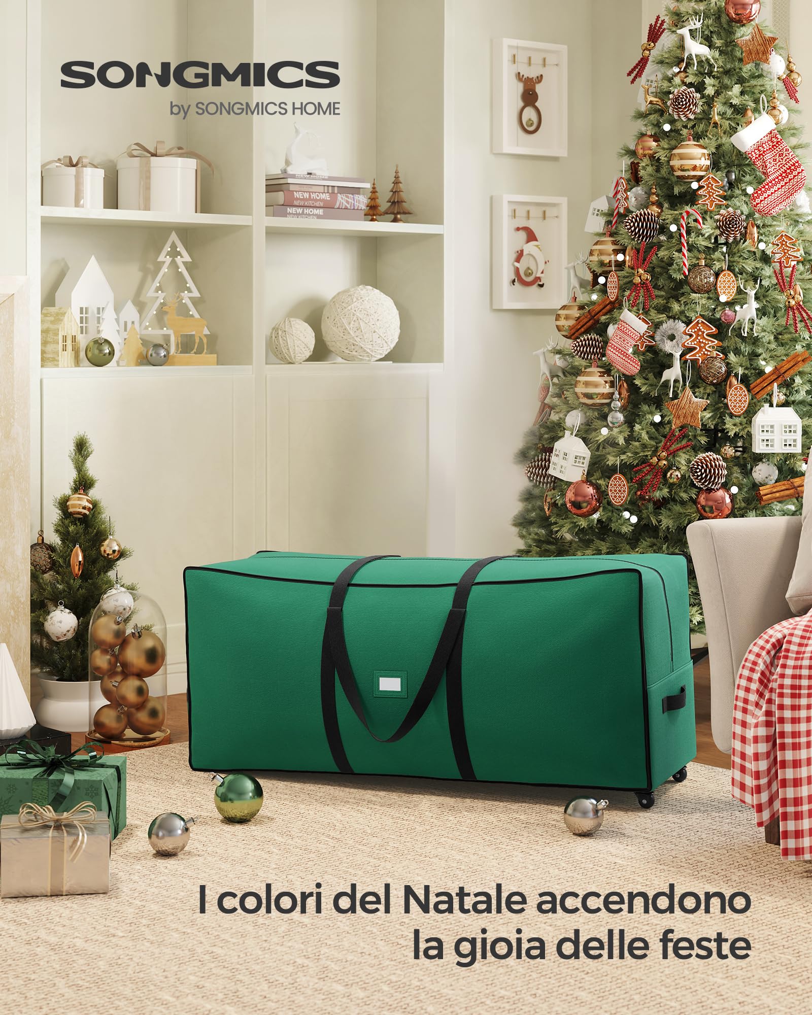 SONGMICS Borsa per Albero di Natale con Ruote da 4 cm, Custodia per Albero fino a 229 cm, per Albero Smontabile, Maniglie Regolabili, Tessuto Oxford 600D, Verde Foresta RXS004C03
