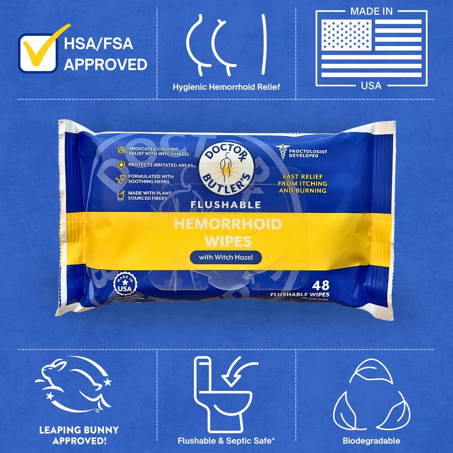 Doctor Butler's Flushable Hemorrhoid Wipes – Flushable Wipes with Witch Hazel to Soothe and Bring Relief from Discomfort Associated with Hemorrhoids (3 Pack - 48 Count)