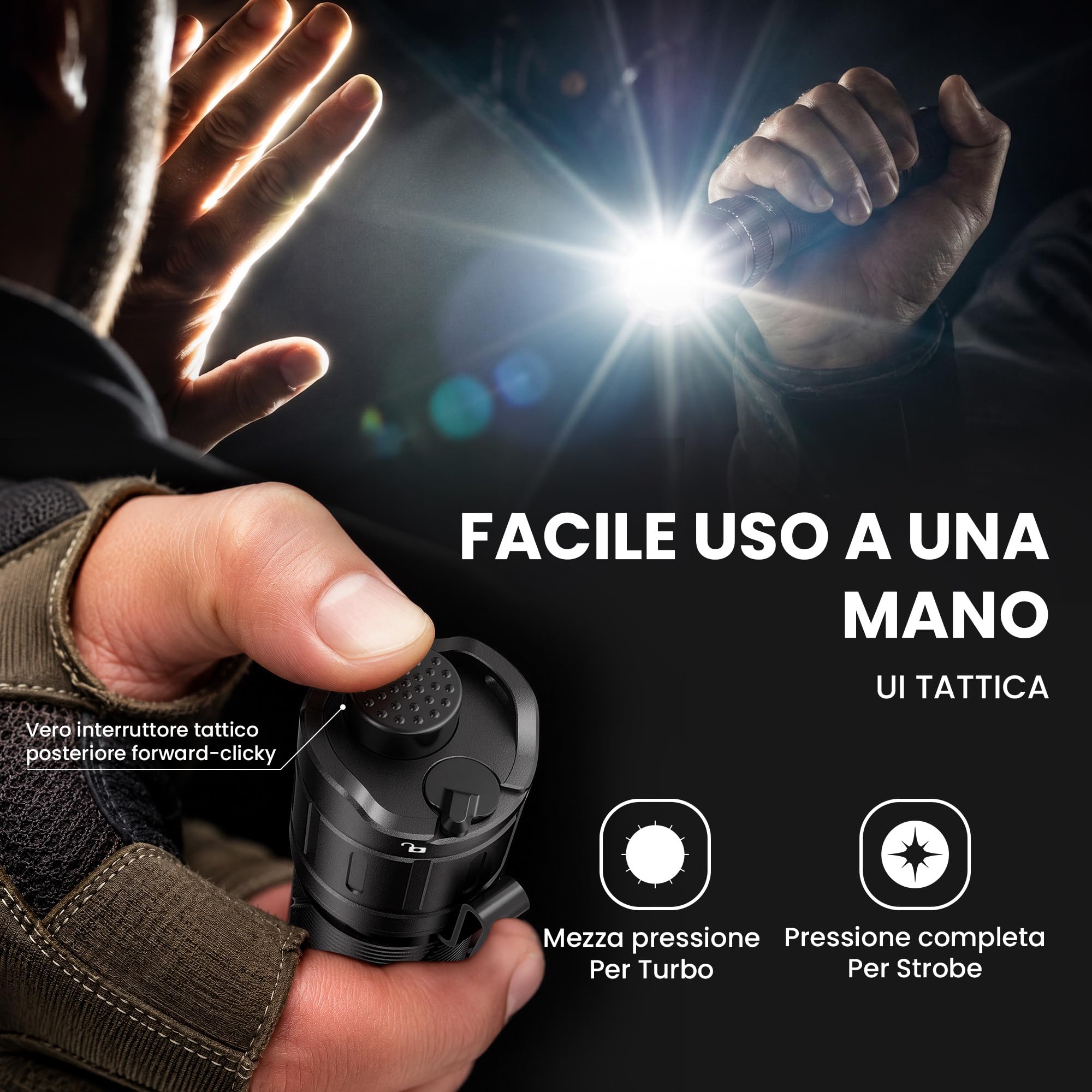 Sofirn SK31 - Torcia tattica a LED, 6800 lumen e portata di 395 m, ricaricabile con USB-C, IPX8 impermeabile, 9 modalità per esterni, campeggio e autodifesa