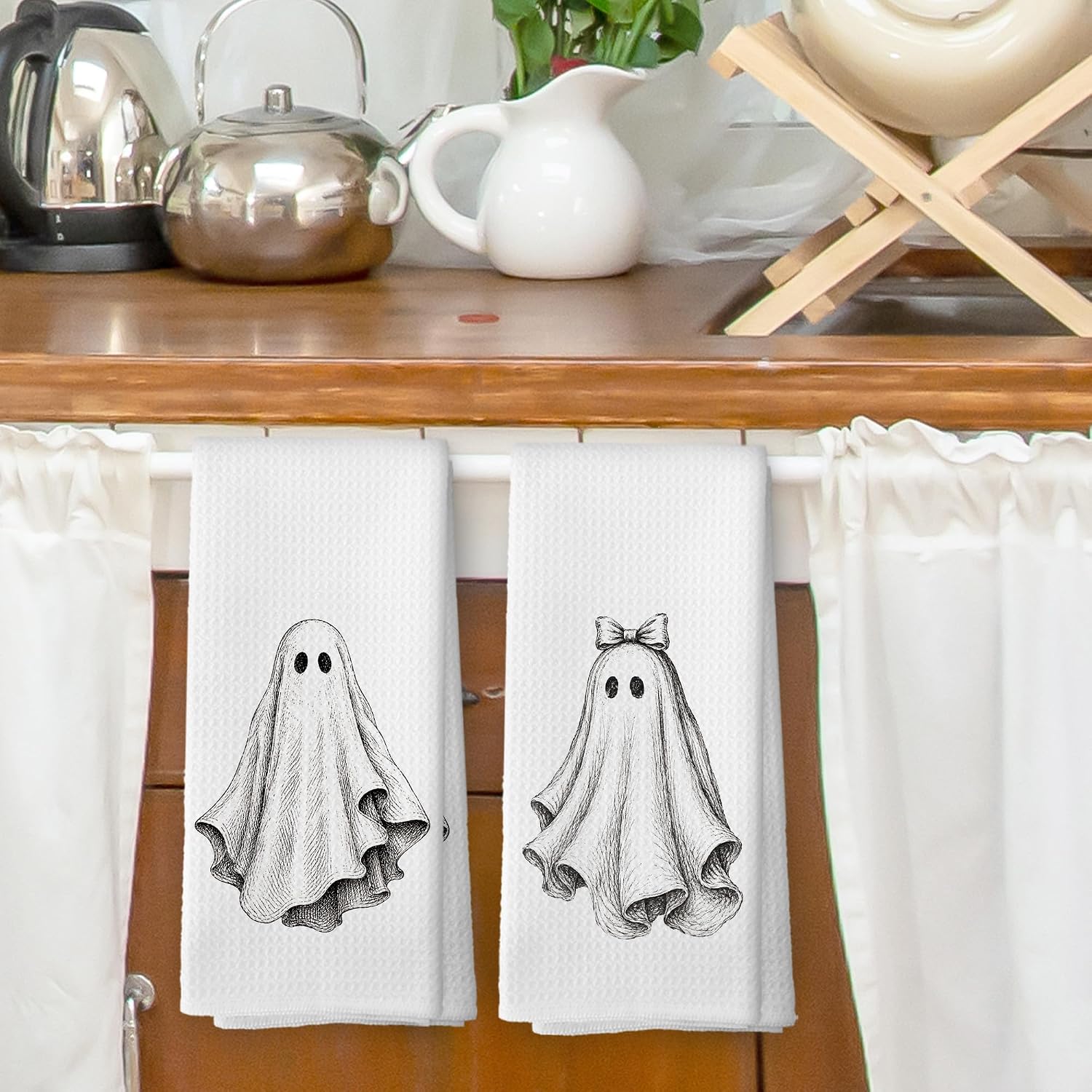 Black and White Halloween Ghost Kitchen Dish Towels 16x24inch,Set of 2