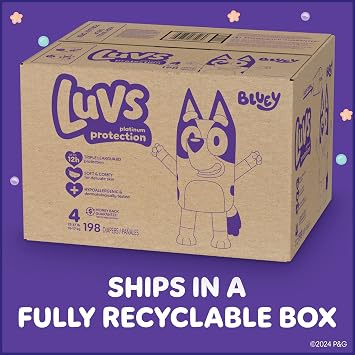 Luvs Size 4 Baby Diapers, Platinum Protection Bluey Diapers for Day & Night,Size 4 (22-37 lbs), 198 Count