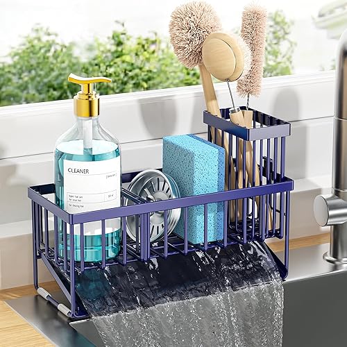 Cisily Navy Blue Sink Caddy Organzier with High Brush Holder,