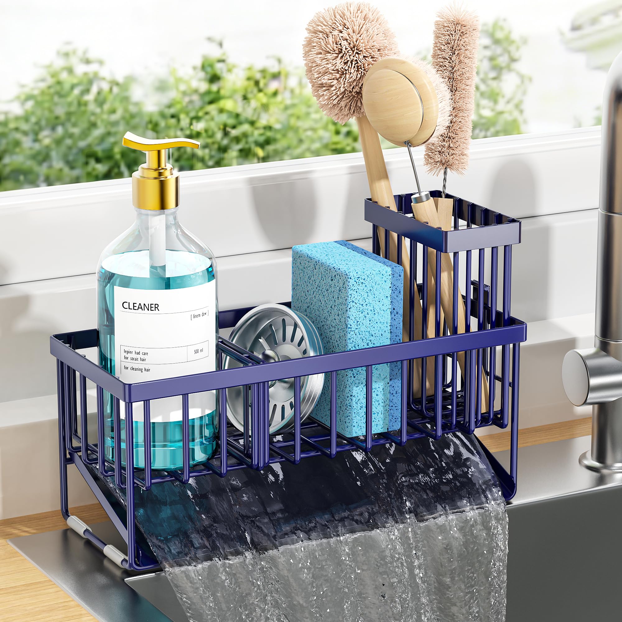 Cisily Navy Blue Sink Caddy Organzier with High Brush Holder, Sponge Holder for Sink, 304 Rustproof Stainless, Kitchen Countertop Soap Dispenser Organizer, Gray Blue Kitchen Decor and Accessories : Health &