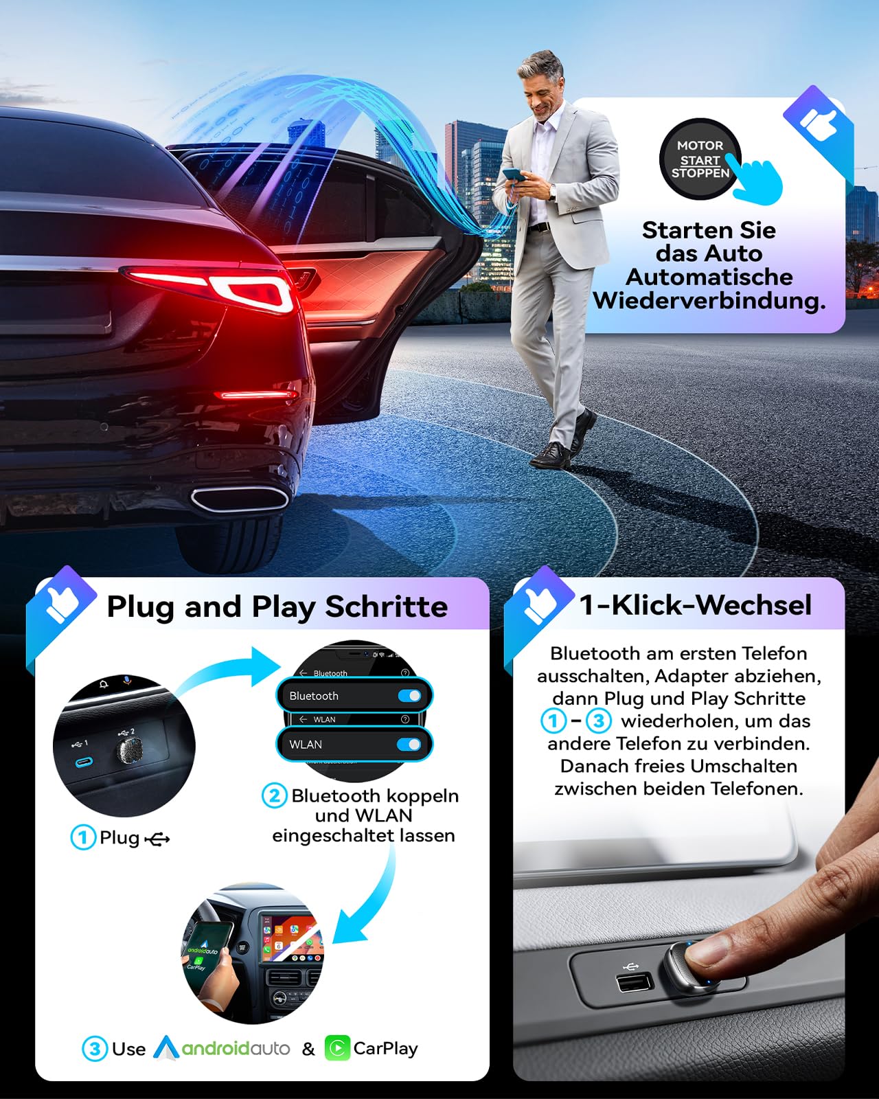 Wireless Carplay & Android Auto Adapter 2-in-1, 1-klick-Benutzerwechsel, Mavlou 2026 Ultra-Mini Dongle, Convert Wired CarPlay/Android Auto zu Wireless, für iOS 10+/Android 11+ & Autos ab 2016