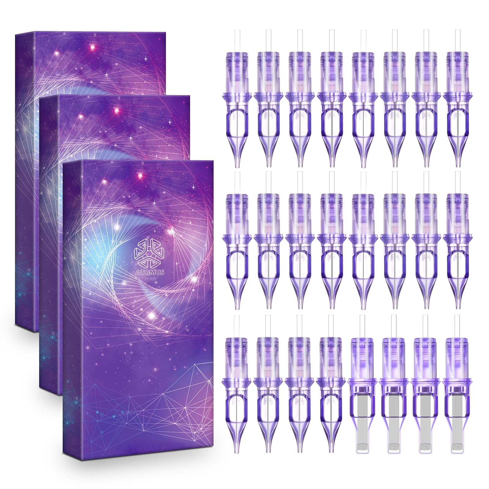 ATOMUS 50pcs Tattoo Cartridge Needles #10 RL RS RM Purple Round Liner Tattoo Needles for Tattoo Gun Pen Liner Pattern (1RL+3RL+5RL+7RL+9RL+3RS+5RS+7RS+9RS+15RM)