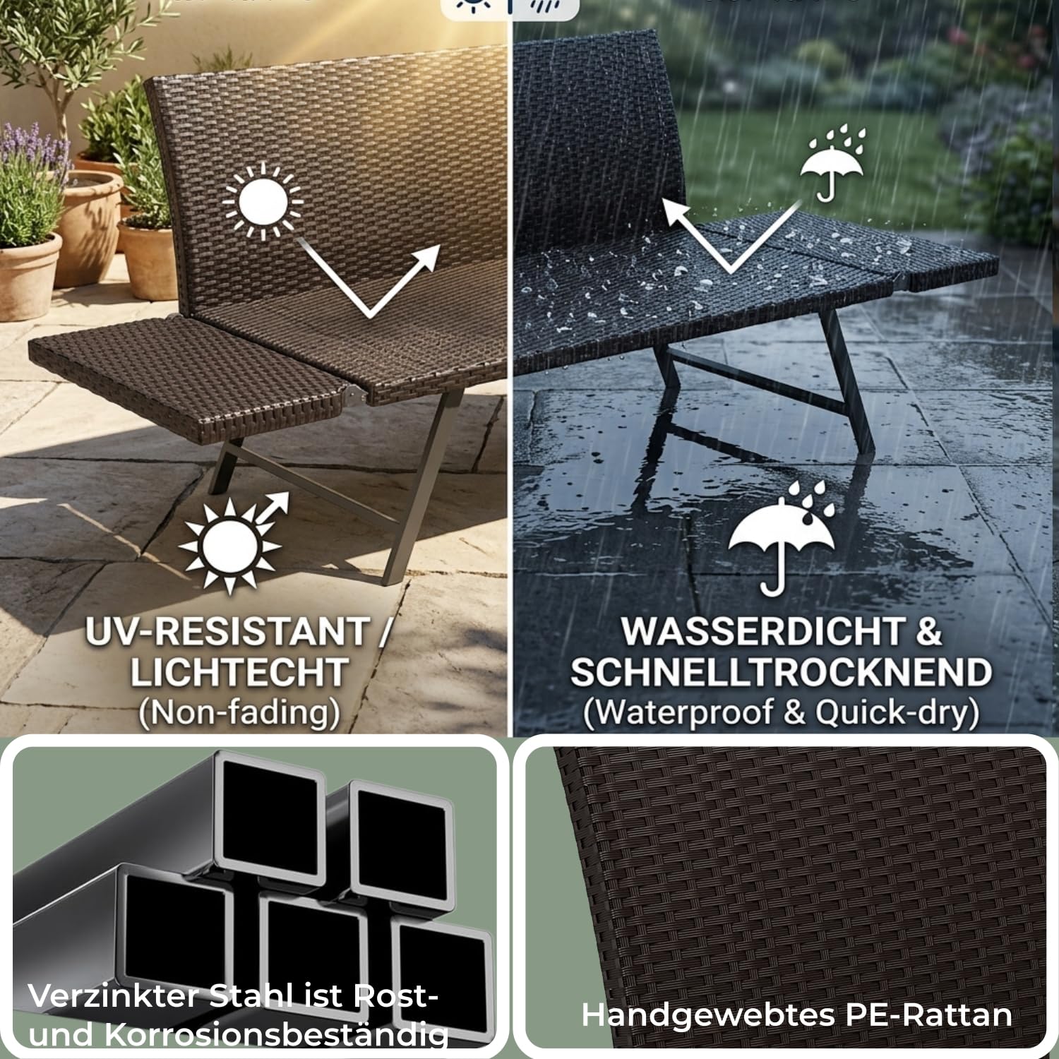 Gartenbank Rattan Wetterfest mit Liegefunktion 2-3 Sitzer, Gartensofa & Balkonsofa mit Kissen & Polster, Verstellbare Armlehnen, Bis 220kg, Outdoor Sofa Bank für Klein Balkon, Terrasse, Garten -Grau