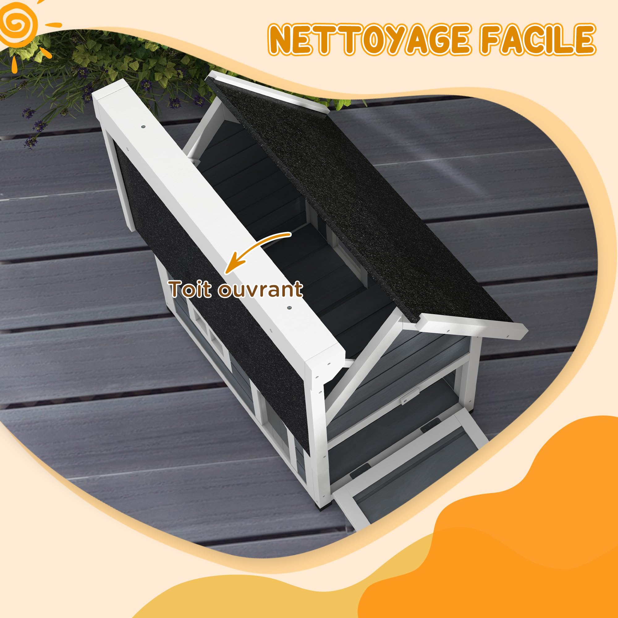 PawHut Maison pour Chat en Bois, Niche pour Chat, fenêtre en plexiglas, Porte à lamelles, Toit bitumé ouvrable et 3 Portes, Pieds en Plastique, 77 x 57,5 x 68 cm, Gris