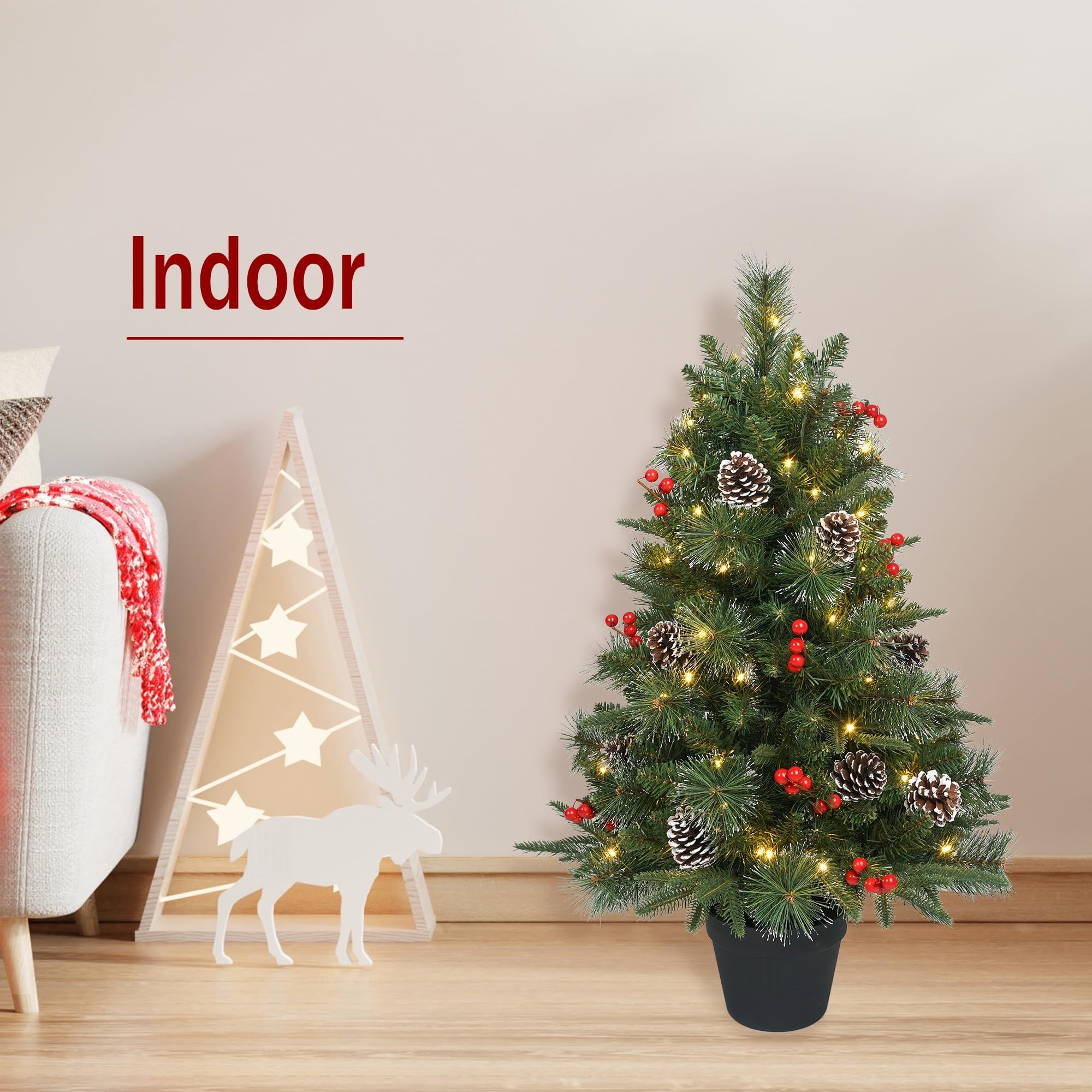 Sapin de Noël artificiel pré-éclairé de 91 cm avec 70 LED rouges chaudes, aiguilles de pin, sapin de Noël en pot de verdure pour intérieur, porche, extérieur