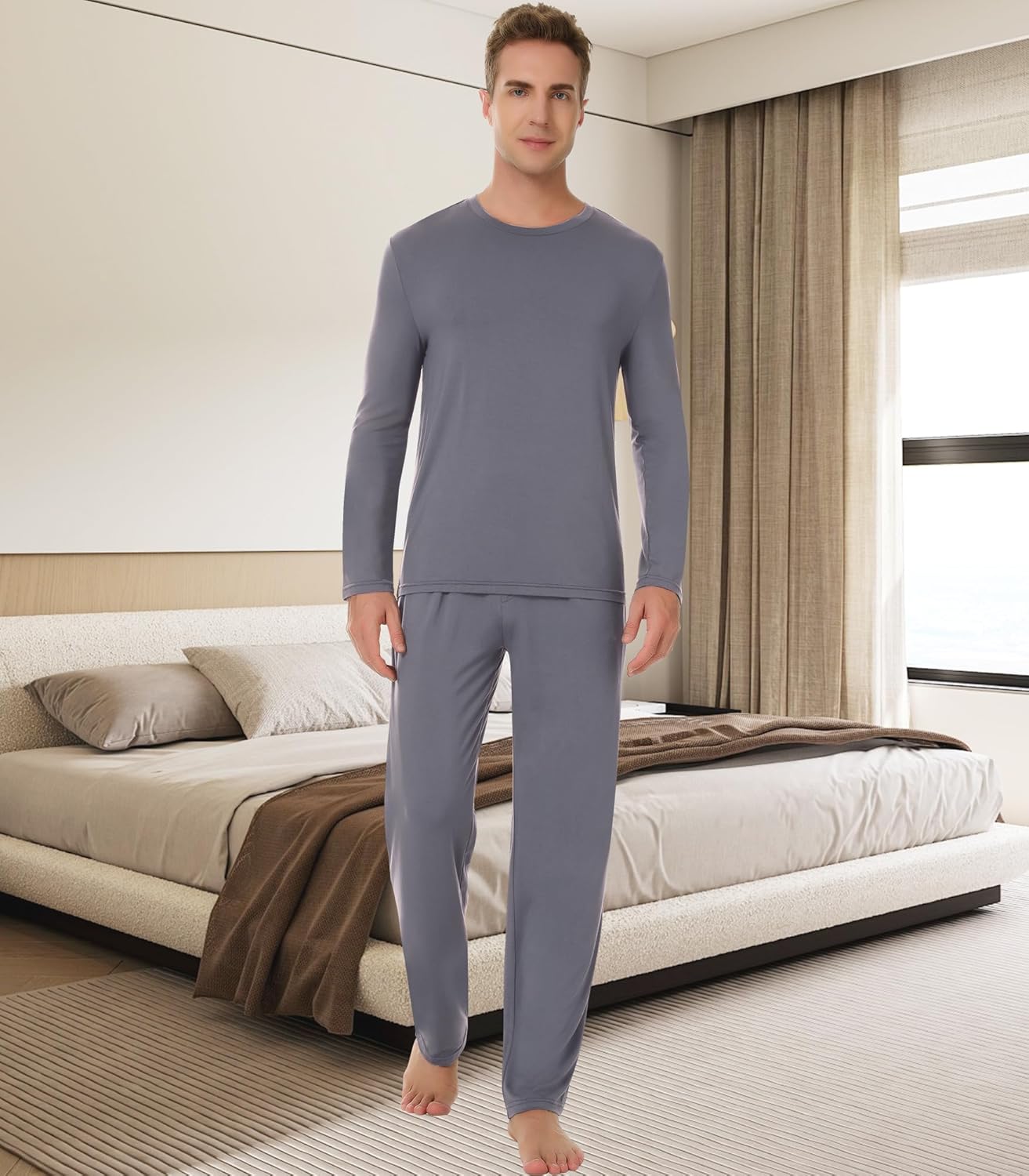 NACHILA Pajamas for Men-Viscose Made from Bamboo, Soft Sleepwear Long Sleeve Pajama Sets with Sleep Pants - Image 3