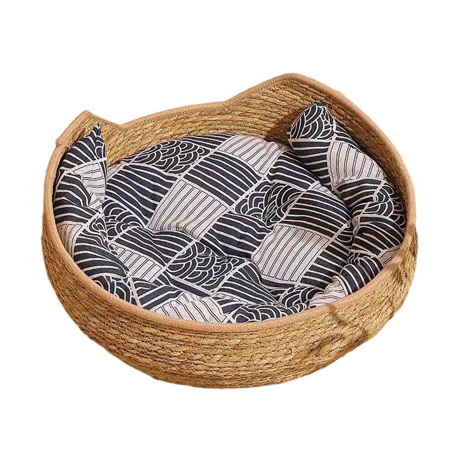 Generisch Cesta per Gatti Intrecciata con Cuscino Lavabile, Nido per Gatti in Rattan, Cuccia per Animali in Corda di Cotone Traspirante per Gatti Domestici e Piccoli Cani, Per Tutte le Stagioni (#C
