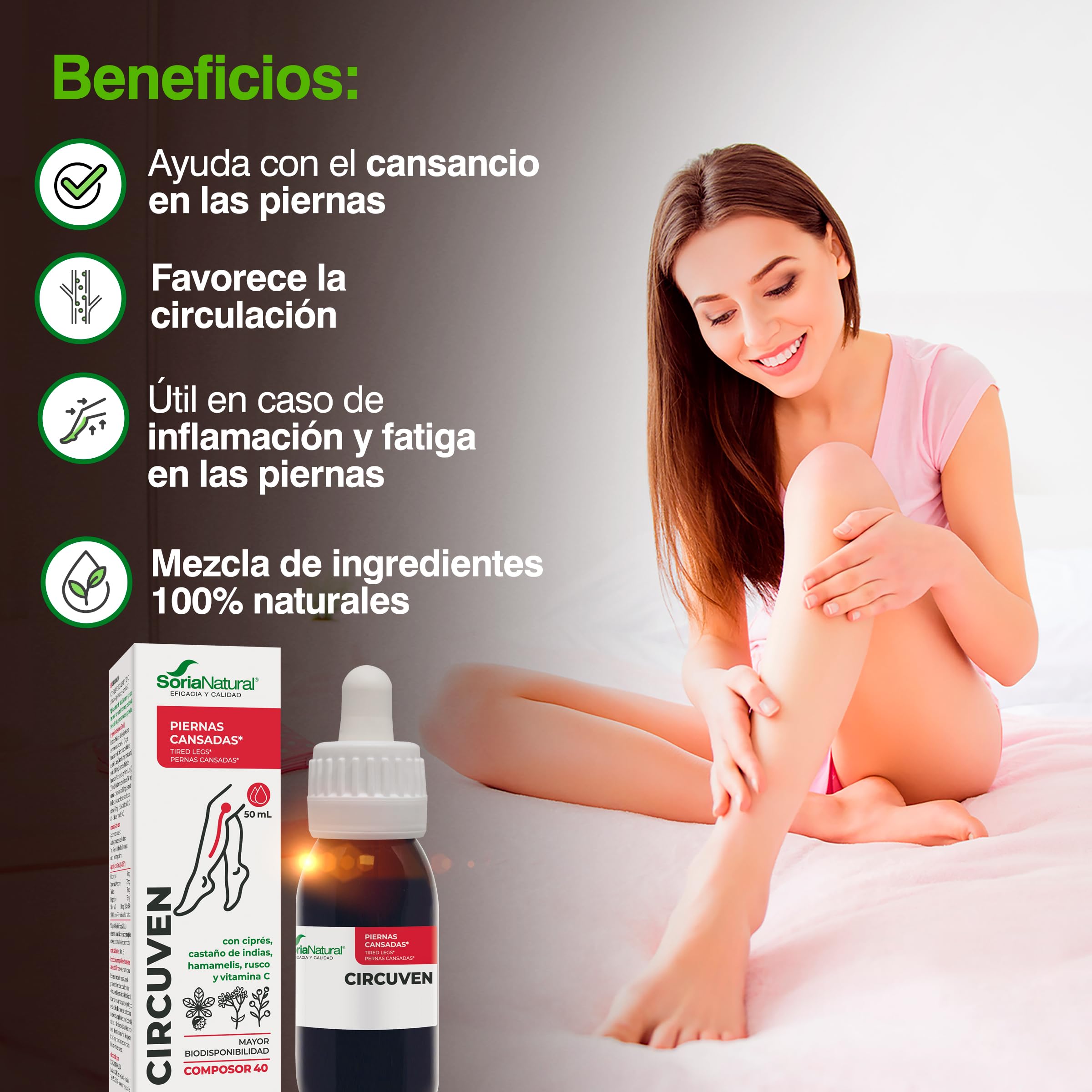 Soria Natural Composor 40 Circuven - Alivio Piernas cansadas, Favorece la Circulación de Retorno - Castaño de Indias, Ciprés, Hamamelis, Rusco, Vitamina C - Bote de 50mL