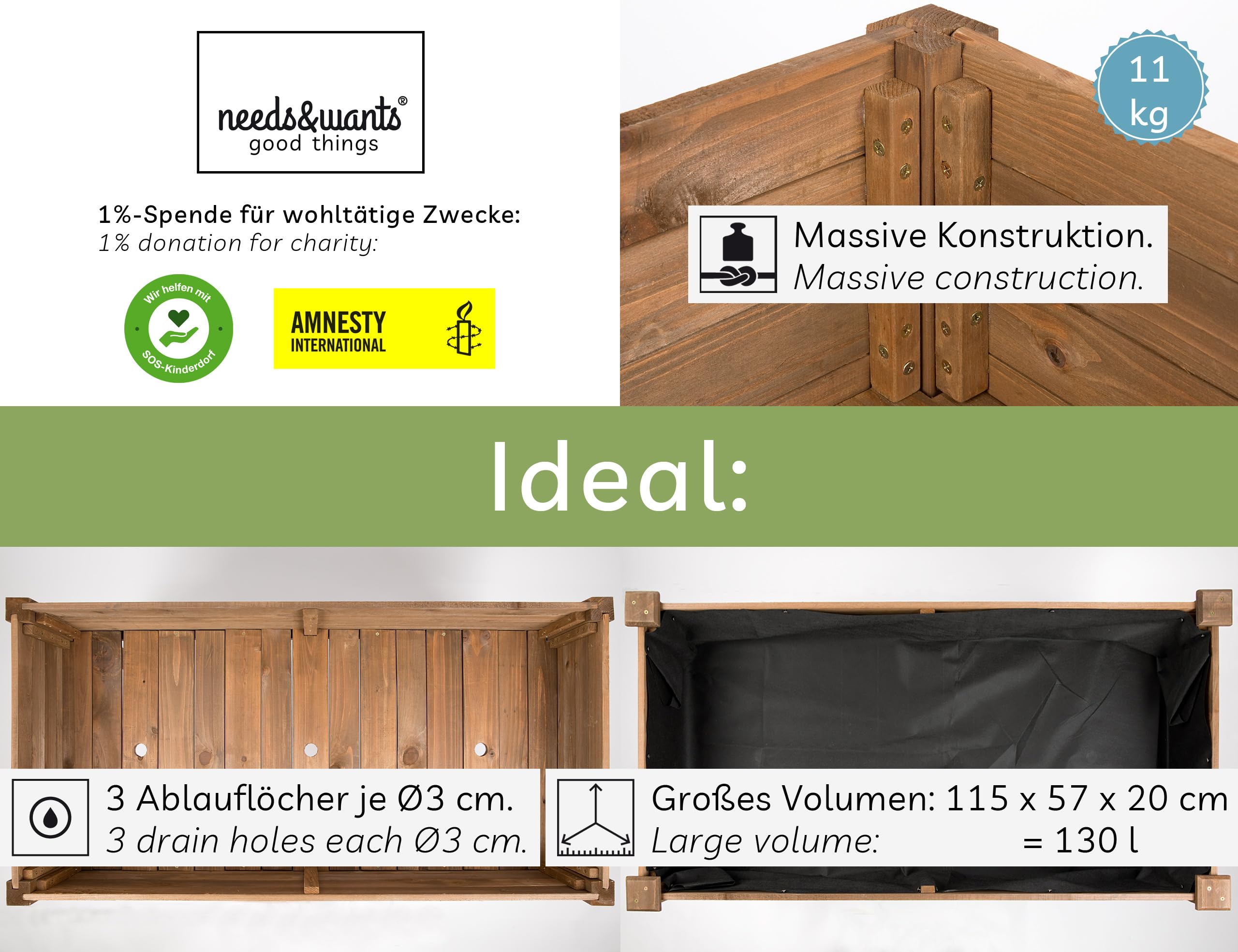 needs&wants® Großes Hochbeet aus Holz für Garten Balkon Terrasse, Pflanzkasten Bausatz XL rechteckig schmal mit Vlies-Folie, Kräuterbeet Pflanzenkasten deko, 121 x 63 x 75 cm, dunkel-braun