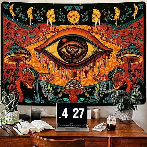 Miniatura 4 de Uspring Tapiz de hongos hippie con ojos abstractos, tapiz estético de hojas, plantas, tapiz vintage de fase lunar para colgar en la pared para