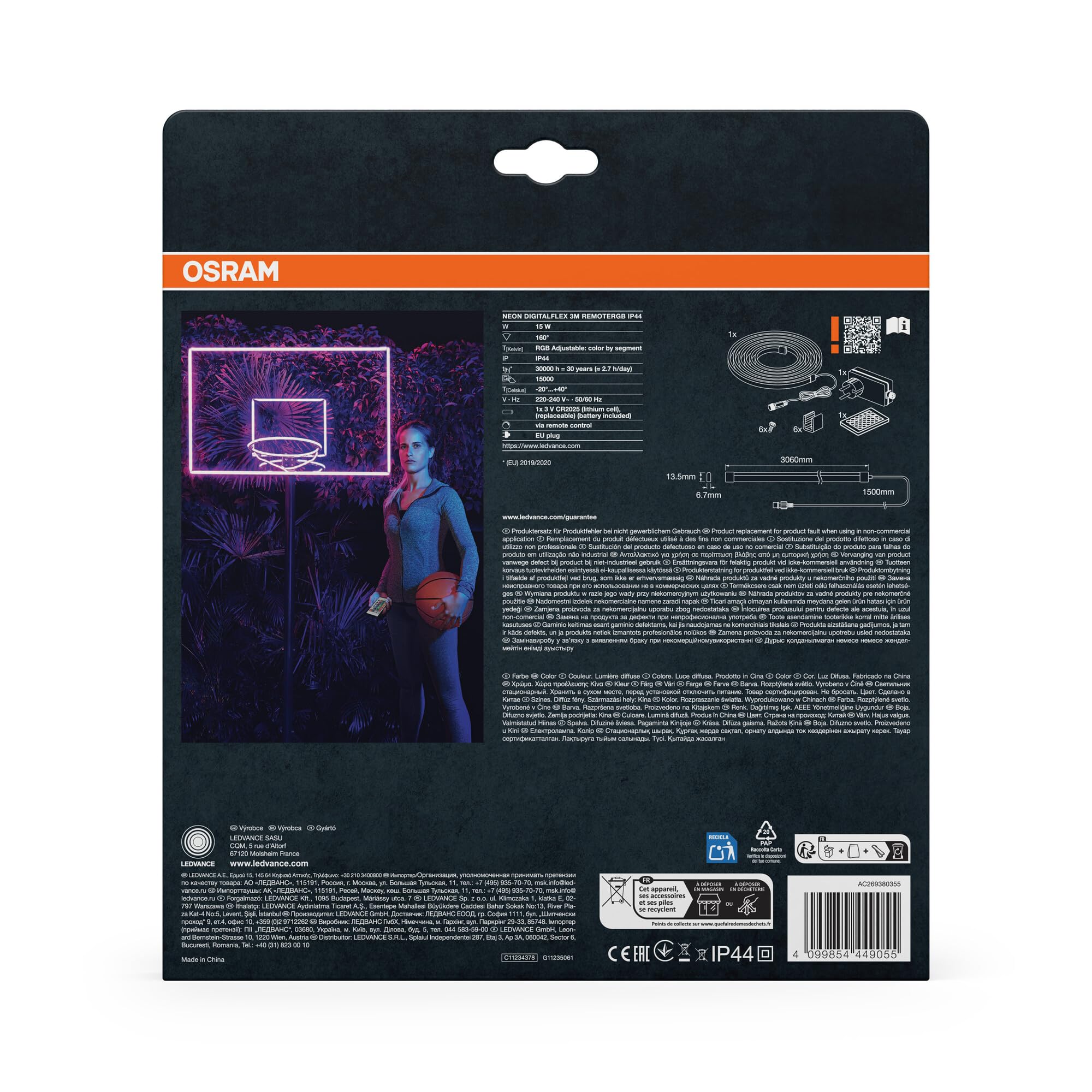 OSRAM Neon Digital Flex Cintas LED Multicolor Exterior 3M RGB + RC Silicona Protección IP44, Iluminación Indirecta y Directa para Jardín y Balcón | Neon Digital Flex IP44, Outdoor Lighting (Special), dia, 30000 h, paquete de 1