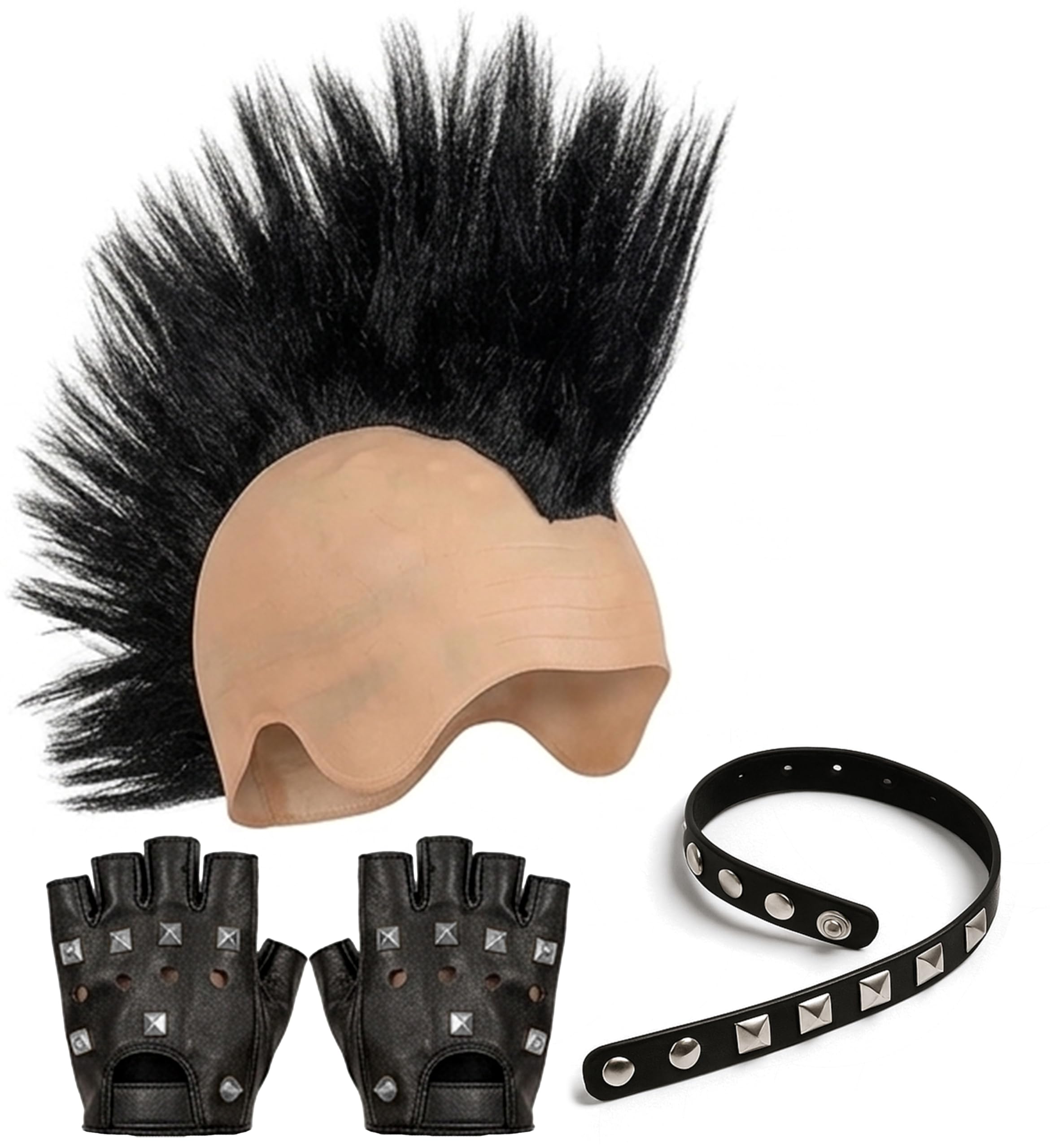 Mega_jumble Unisex Black / Brown Mr T Mohawk Spikes Wig Hat With Fingerless Studded Punk Gloves & Choker Set – 80S Punk Rock Fancy Dress Costume Accessories For Men Women Halloween Party Cosplay