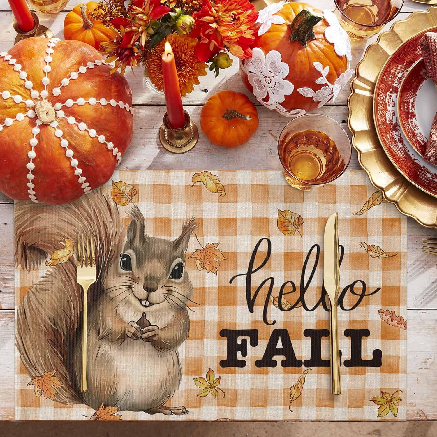 Fall Placemat Squirrel Leaves Thanksgiving Placemats for Dining Table Hello Fall Orange Buffalo Plaid Holiday Washable Table Mats for Party Kitchen Dining Decoration Set of 8