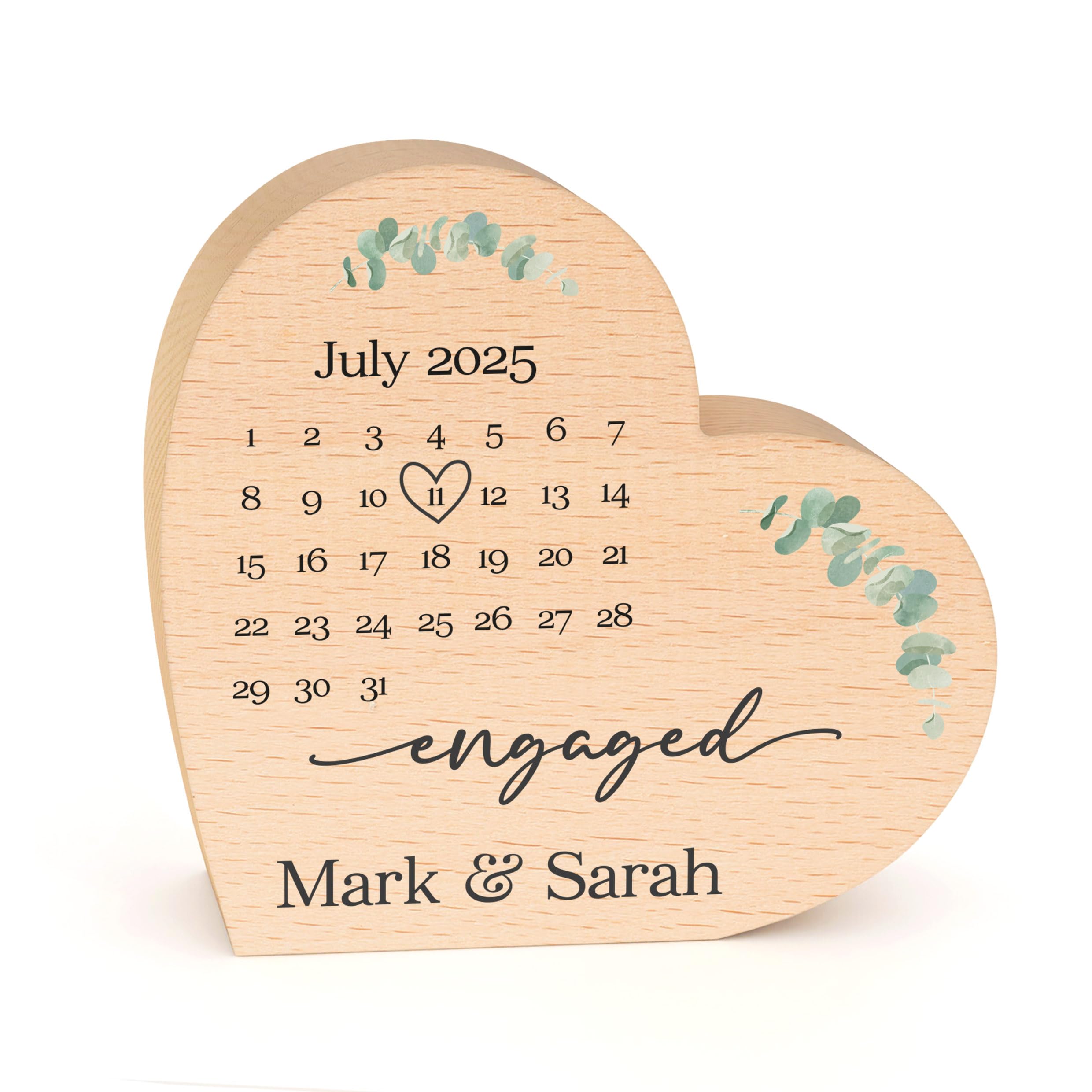 Beecreative Personalised Engagement Gifts For Couples - Beech Wood Heart Ornament - Custom Engagement Date Present For Friends - With Grey Bag