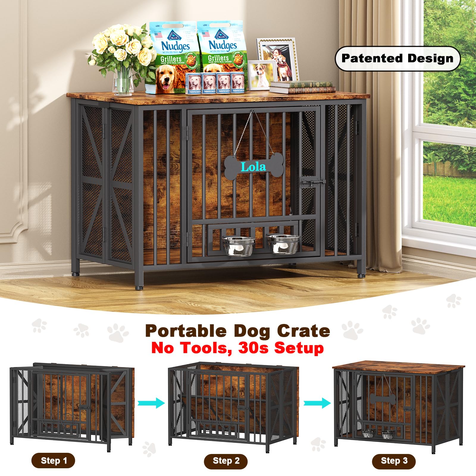 Faltbarer Großer Hundekäfig Möbel für M/L/XL Hunde, 105cm Montagefreie Holz Indoor Hundebox für Zuhause, mit Hundenäpfen & Namensschild, als Beistelltisch & TV-Ständer, 105x65x72cm, Braun