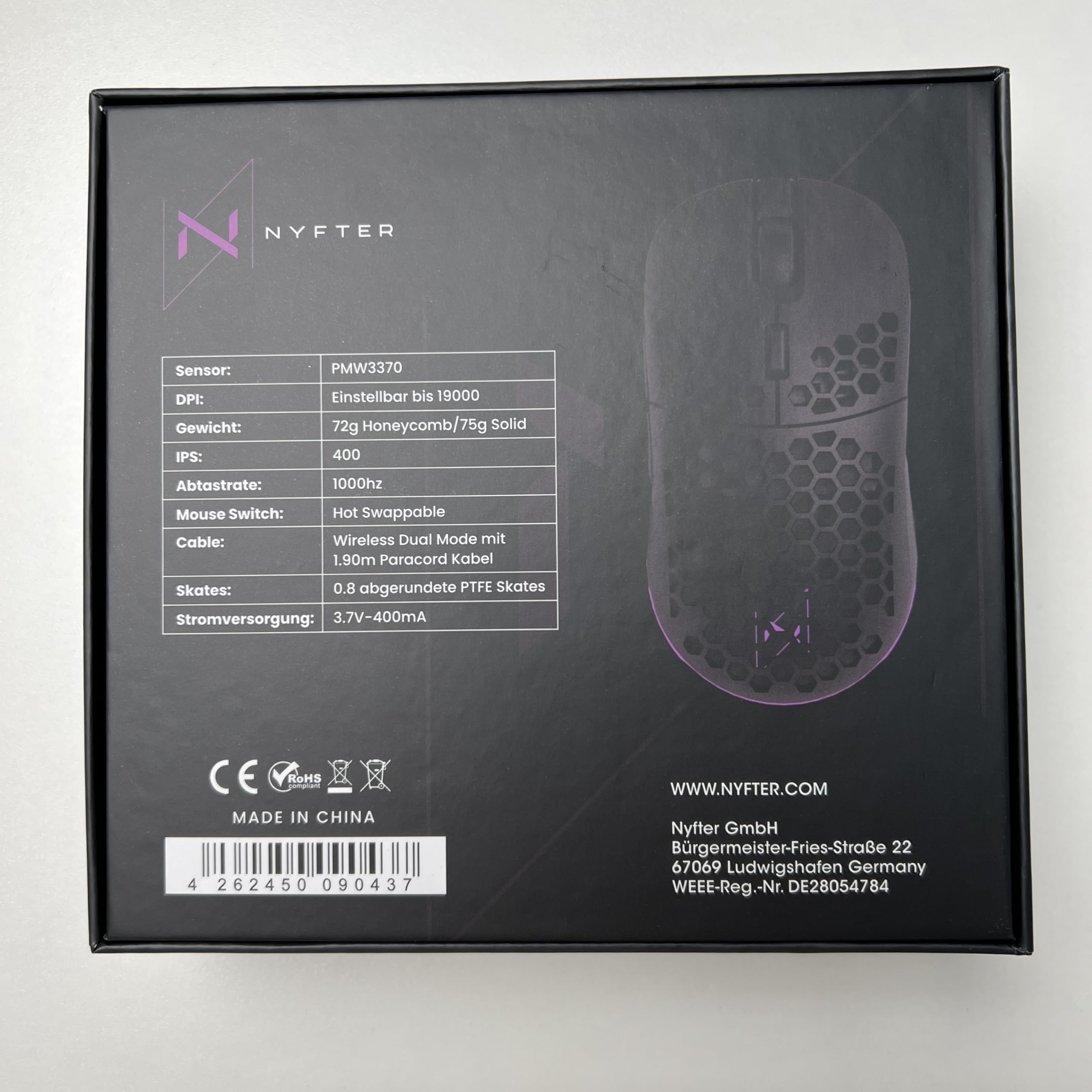 Nyfter - Mouse da gioco wireless NYF22 ultra leggero 75 g potente con 400 mA 19 K DPI, 400 IPS 1000 Hz 50 h durata della batteria durevole Due custodie intercambiabili con (nero)