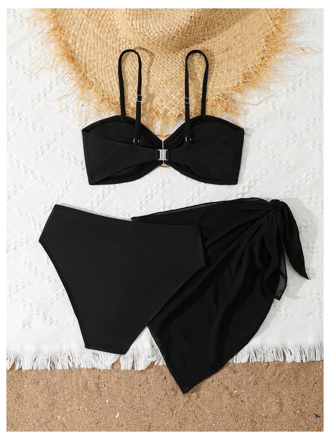 MakeMeChic Girl's 3 Piece Bikini Set Metal Ring Spaghetti Strap Bathing Suit Cover Up Skirt Swimsuit Black 13Y