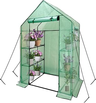 Walk In Greenhouse With Shelves,Walk-In Plant Plastic Green House With Durable Green PE Cover, 3 Tiers 6 Shelves Greenhouse Frame Stands with Ground Pegs & Ropes for Stability, 143x73x195cm