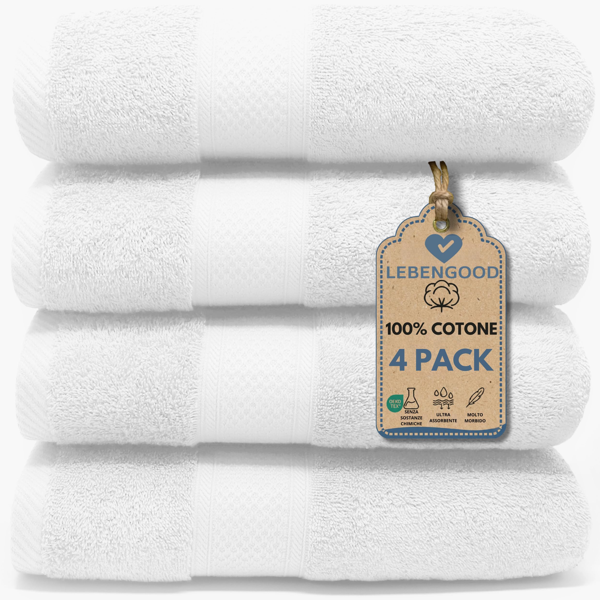 LEBENGOOD Set 4 Asciugamani Bagno Telo Doccia Spugna Cotone Spugna Morbida