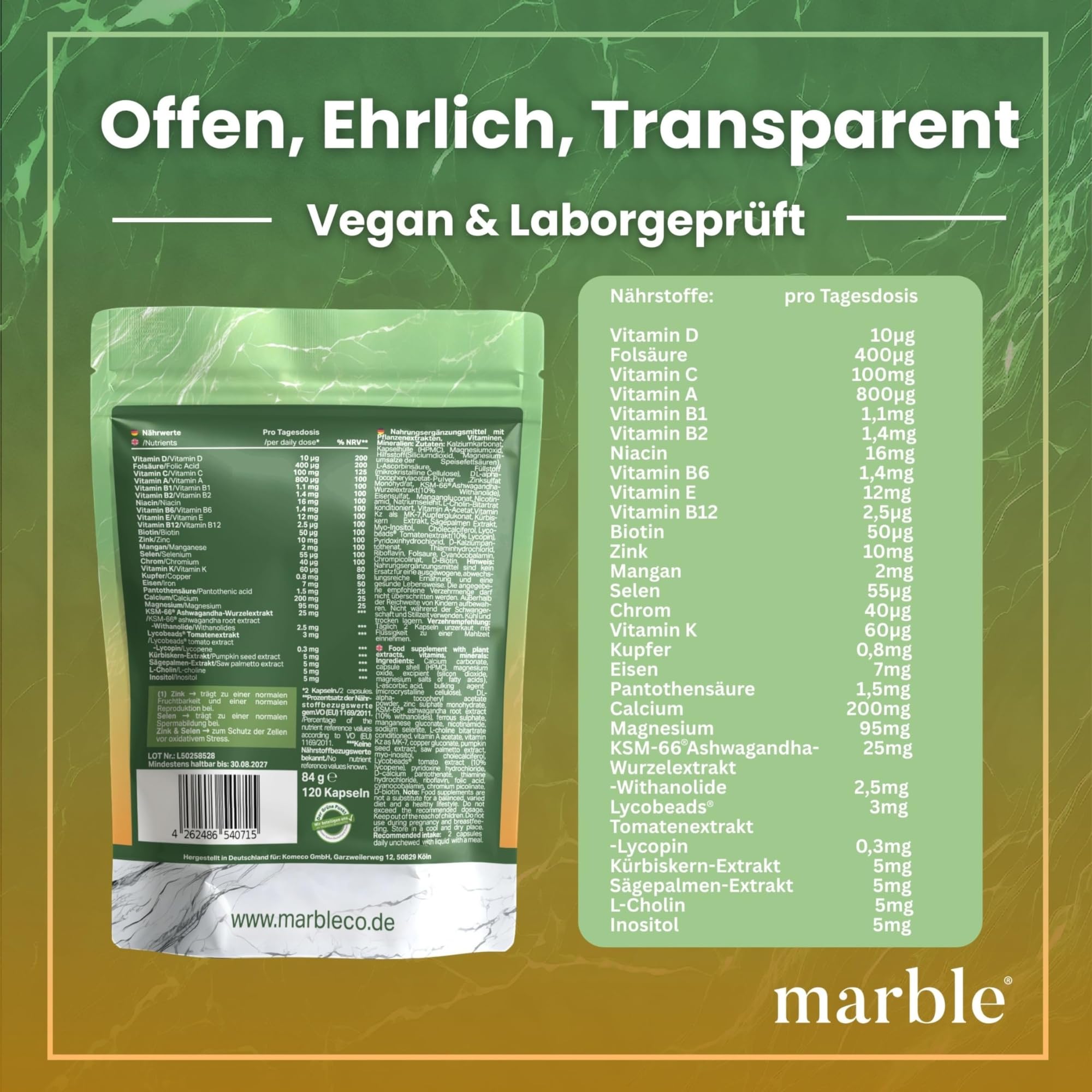 marble® Prosta Vital – Prostata Komplex Kapseln - 120 Kapseln vegan - Zink für den Erhalt normaler Testosteronspiegel + Sägepalmenextrakt, Kürbiskernextrakt, Lycopin & Ashwagandha KSM-66