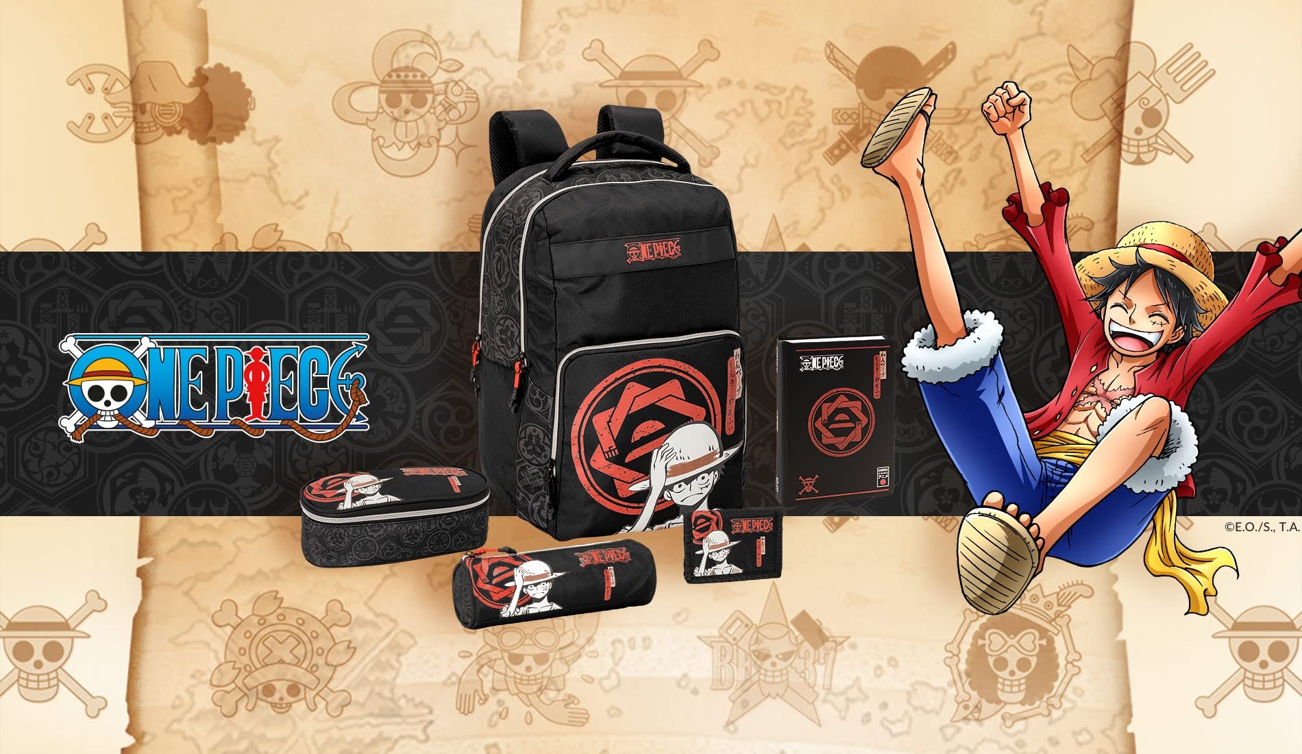 COMIX ANIME, Zaino One Piece, Scuola Porta Pc Unisex per Bambini e Ragazzi con Spallacci Regolabili, Due Scomparti per Tablet e Notebook con Chiusura ZIP, Retro e Fondo Termoformati