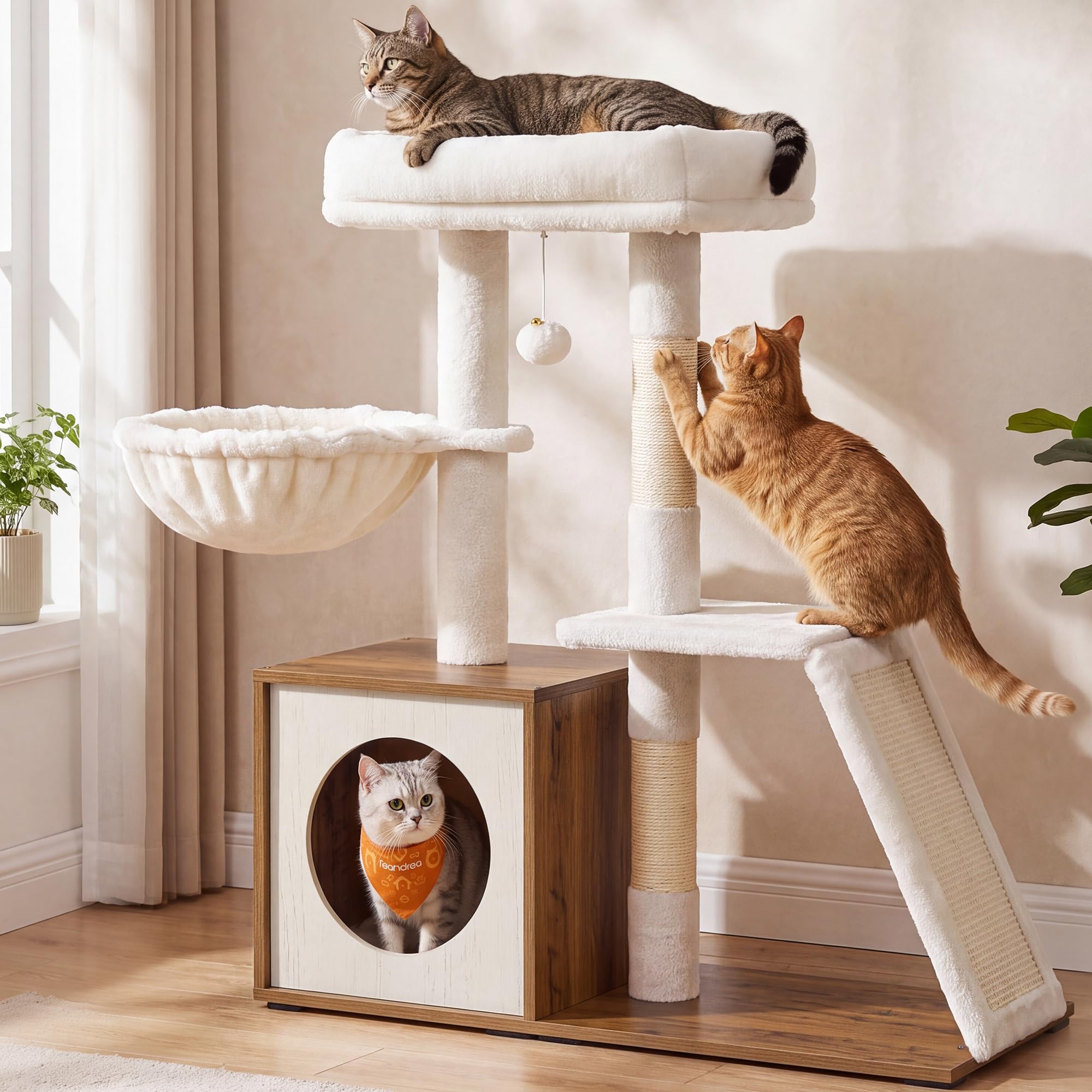 Feandrea Cat Tree, 3-Tier Cat Tower with Wooden Condo and Sisal Post