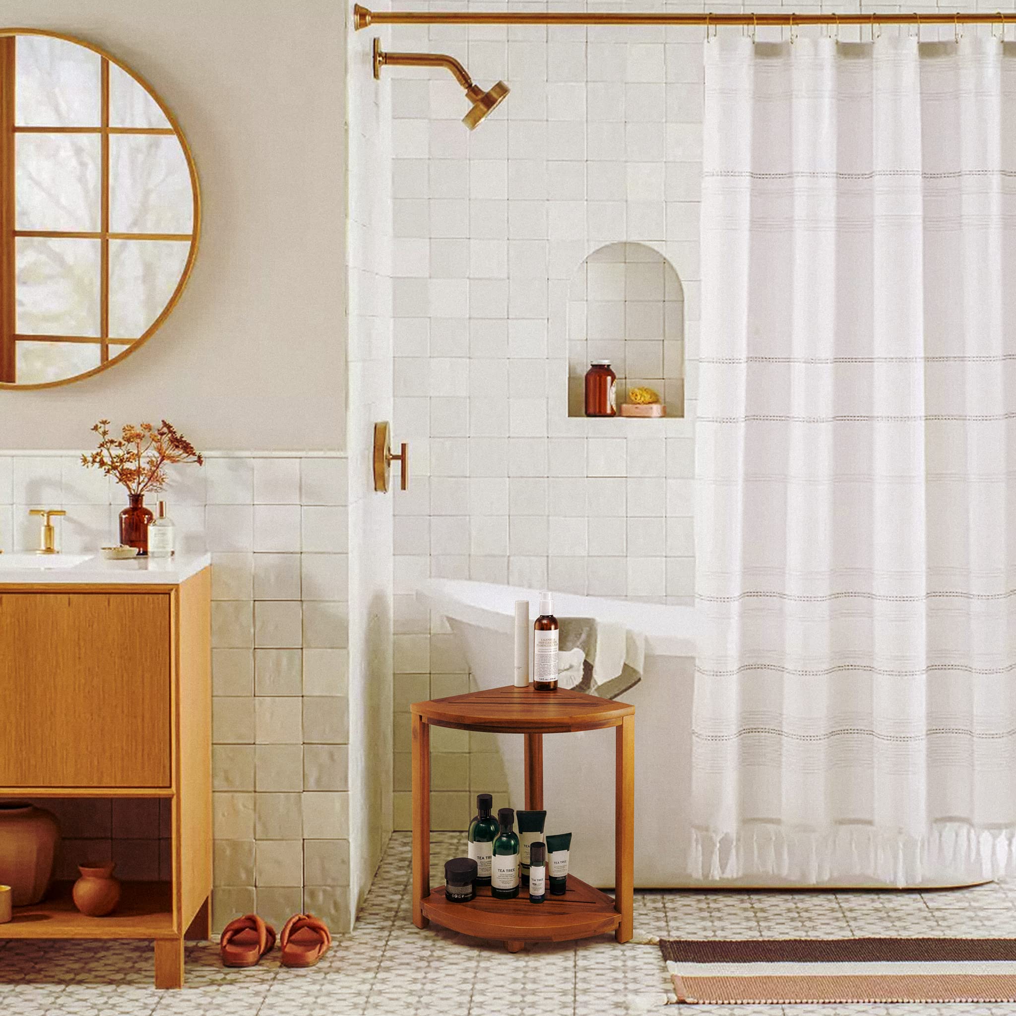 Tinamo Wood Corner Shower Bench & Corner Shower Stool with Storage Shelf - Corner Seat for Shower Shaving Legs - Hidden Bolt - Bath Step for Small Spaces - Perfect for Indoor or Outdoor (Acacia)