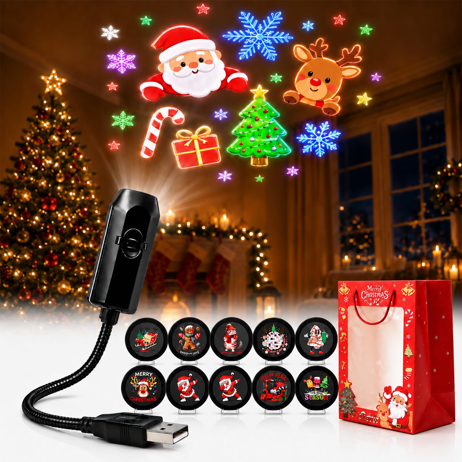 Plug and Play HD Christmas Projector, Holiday Projector Lights Indoor with 6 or 10 Festive Scenes, 5D Holographic Night Light Projector, No Wifi or App Needed, Auto Shut-off, Silent Operation (10PCS)