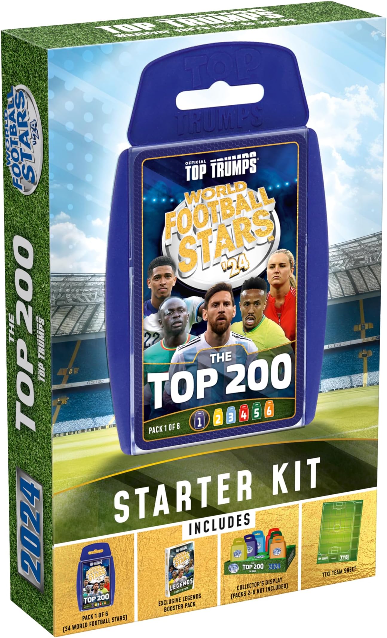 Top Trumps World Football Stars Top 200 Starter Pack Card Game, Play with Lionel Messi, Sadio Mane, Mac Allister, Ederson and Jamal Musiala, Educational Gift for Age 6 Plus
