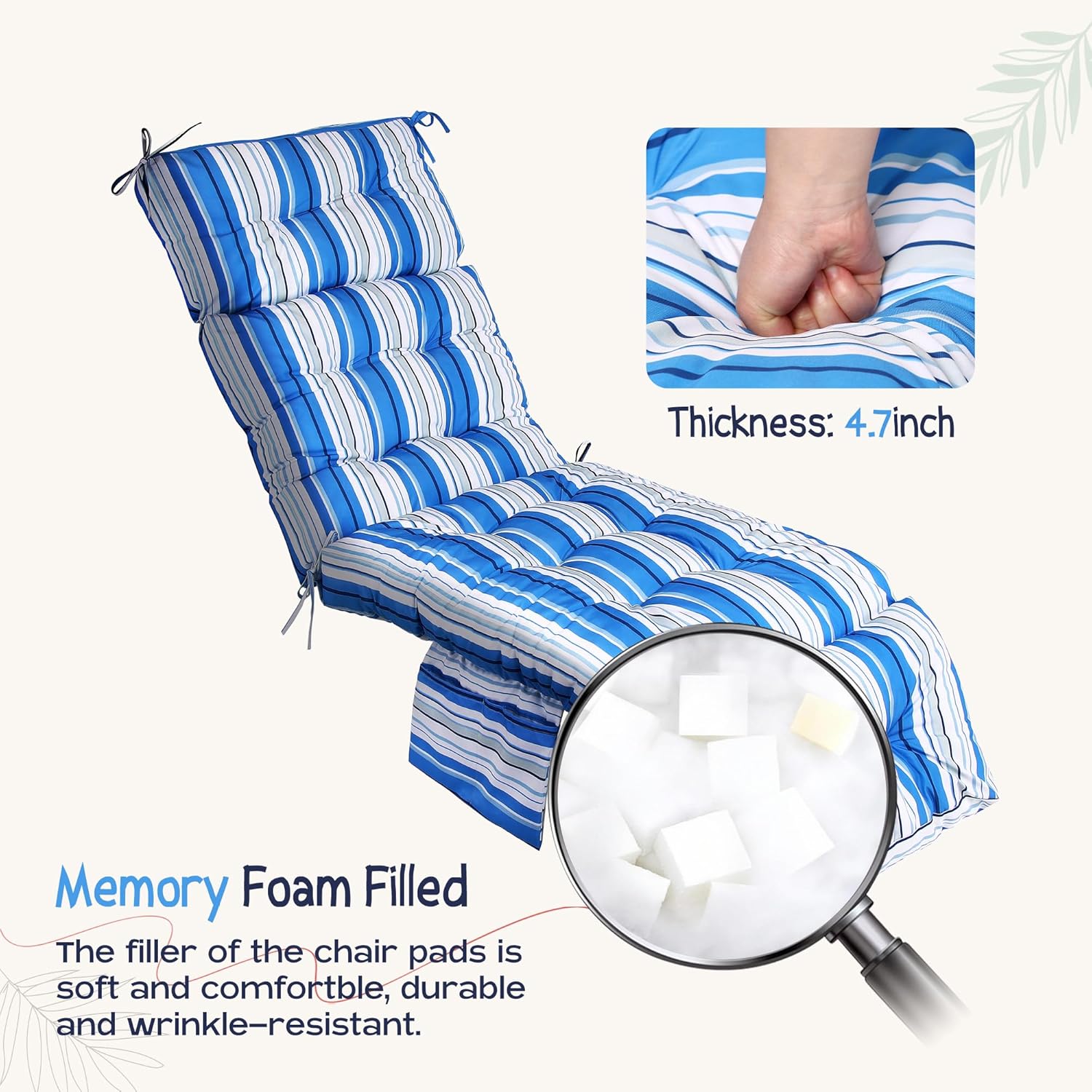 Outdoor Chaise Lounge Chair Cushion 74.4 x 22.8 x 4.7 Inches Cotton Patio Pool Waterproof Lounge Chair Cushion for Outdoor Furniture with Ties Pocket, Striped Blue Sage
