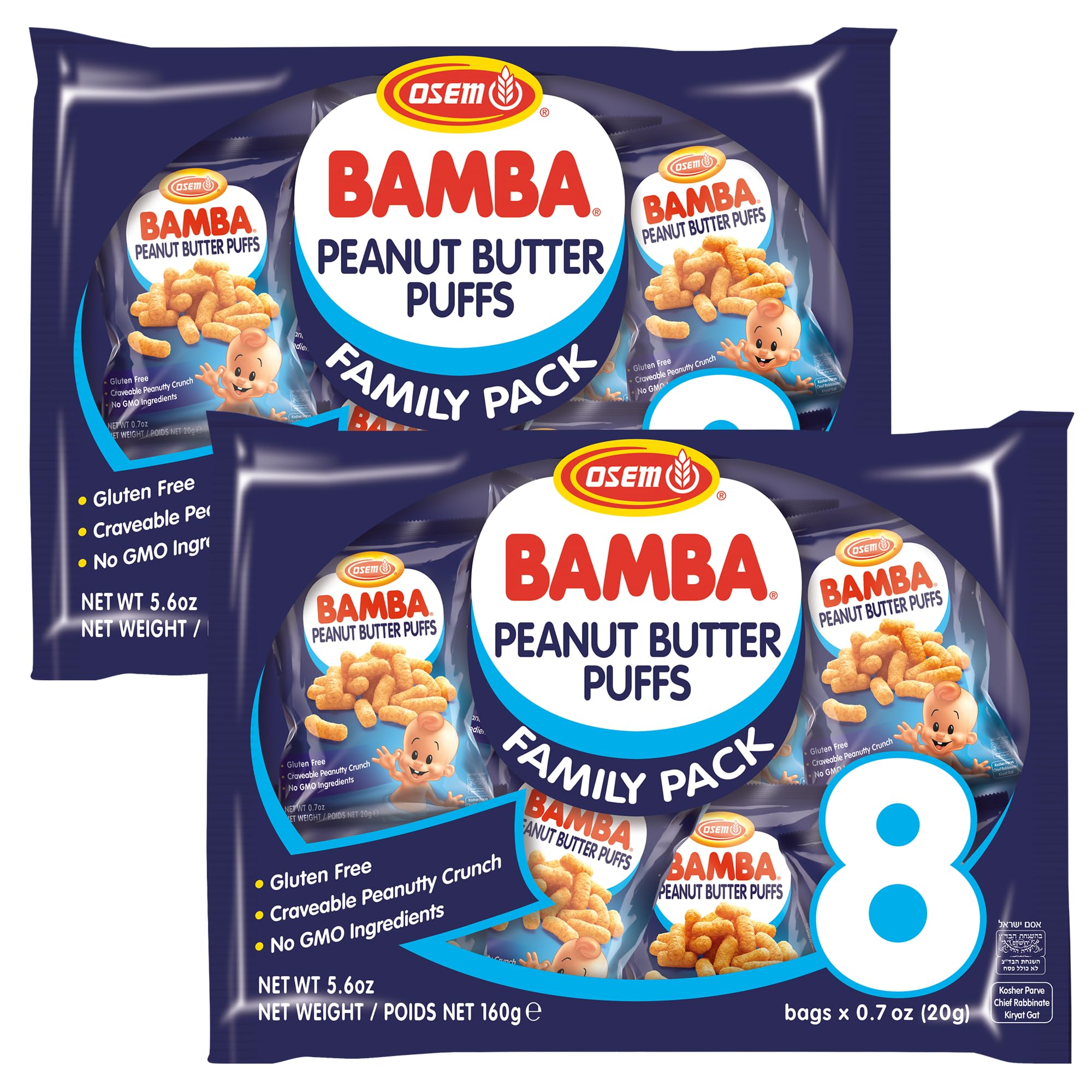Bamba Peanut Snacks for the Whole Family - All Natural Peanut Puffs 2 Family Packs (Pack of 16 x 0.7oz Bags) - Peanut Butter Puffs made with 50% peanuts