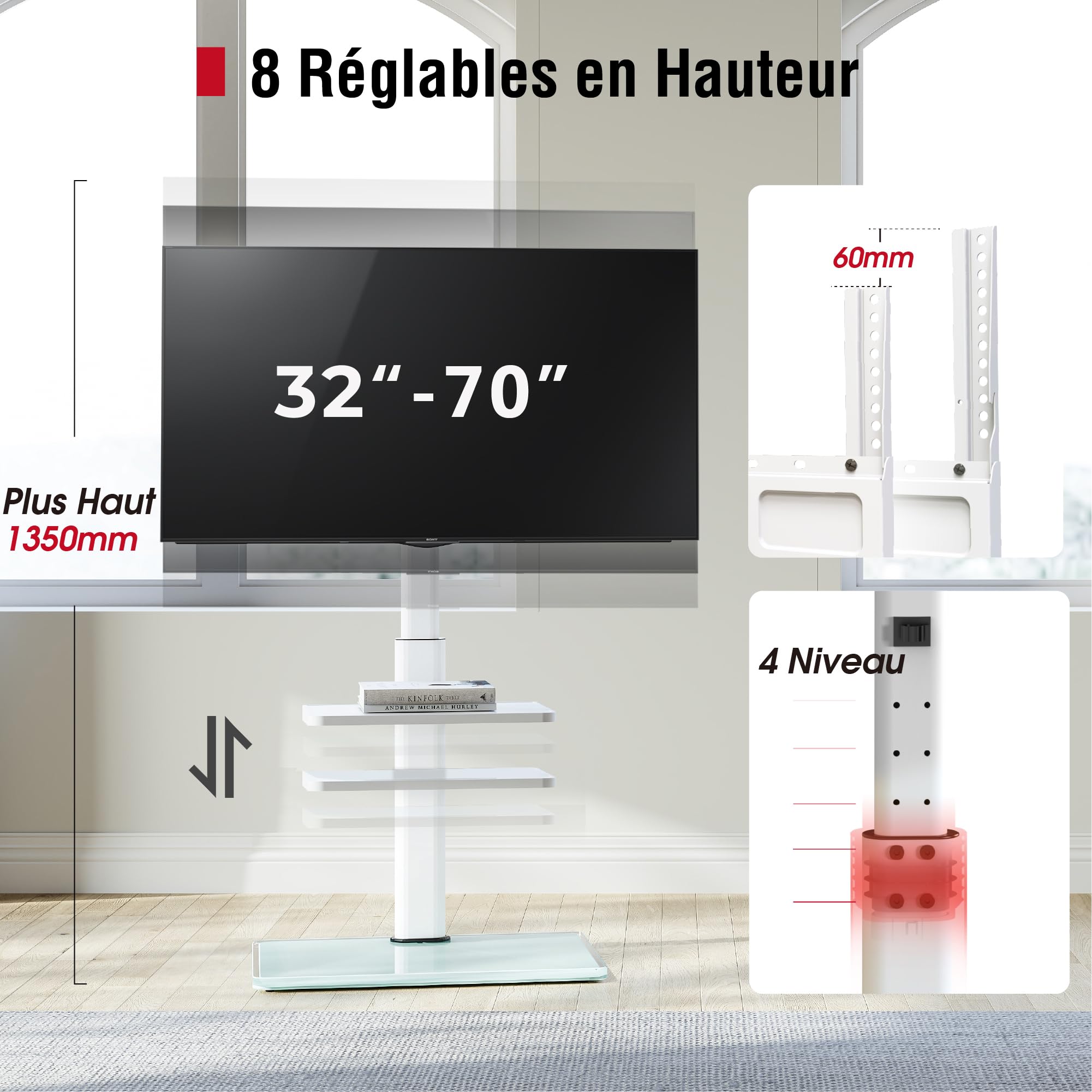 AOKCOS Support TV pour téléviseur Plat et incurvé de 32 à 70" - Hauteur réglable - Orientable - 3 étagères - VESA 400 x 400 mm
