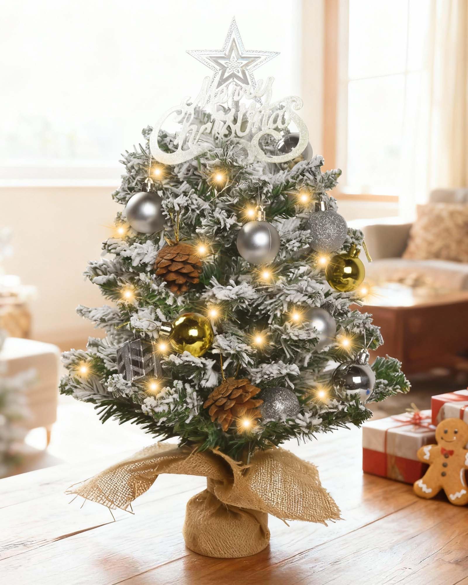 Mini sapin de Noël avec lumières, petit sapin de Noël de 55,9 cm avec lumières, étoile de cile, alphabet joyeux Noël, pommes de pin, boules à suspendre pour table, décoration de Noël