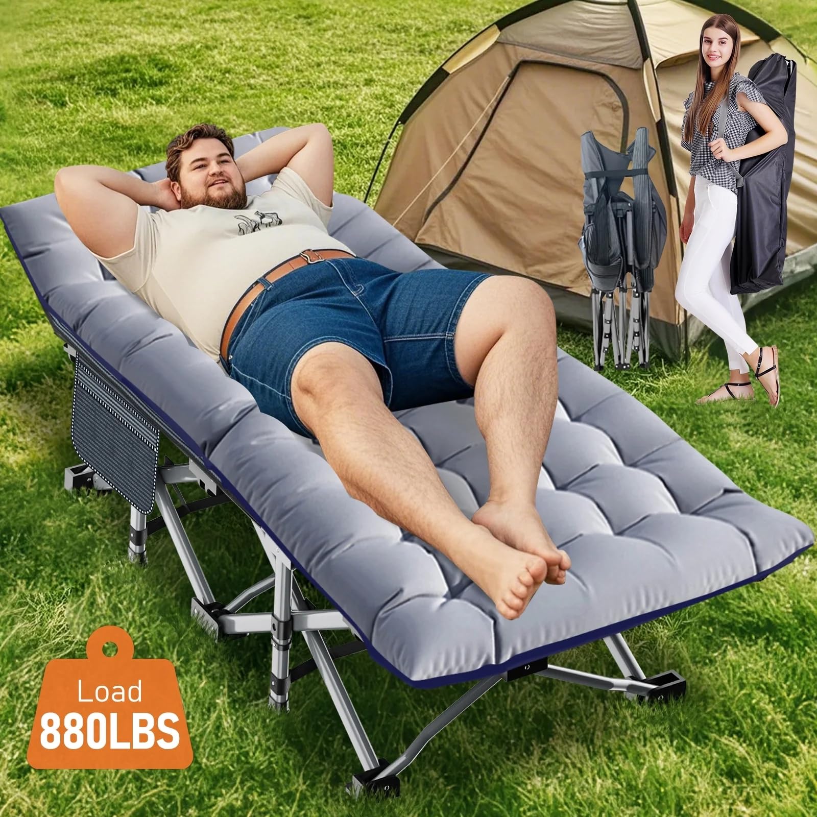 Klappbares Campingbett mit Matratze und Seitentaschen, 200KG Belastbarkeit Klappbett Gästebett, Stahlrahmen und Oxford Tuch Feldbett Klappbar, 190 x 71 x 36 cm, Geeignet für Garten Büro Camping