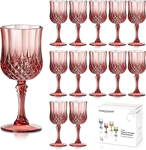 XUWAIDSGN Copas de plástico vintage de oro rosa de 7 onzas, copas de vino rosadas, cristalería irrompible, copas de agua de cristal, vasos