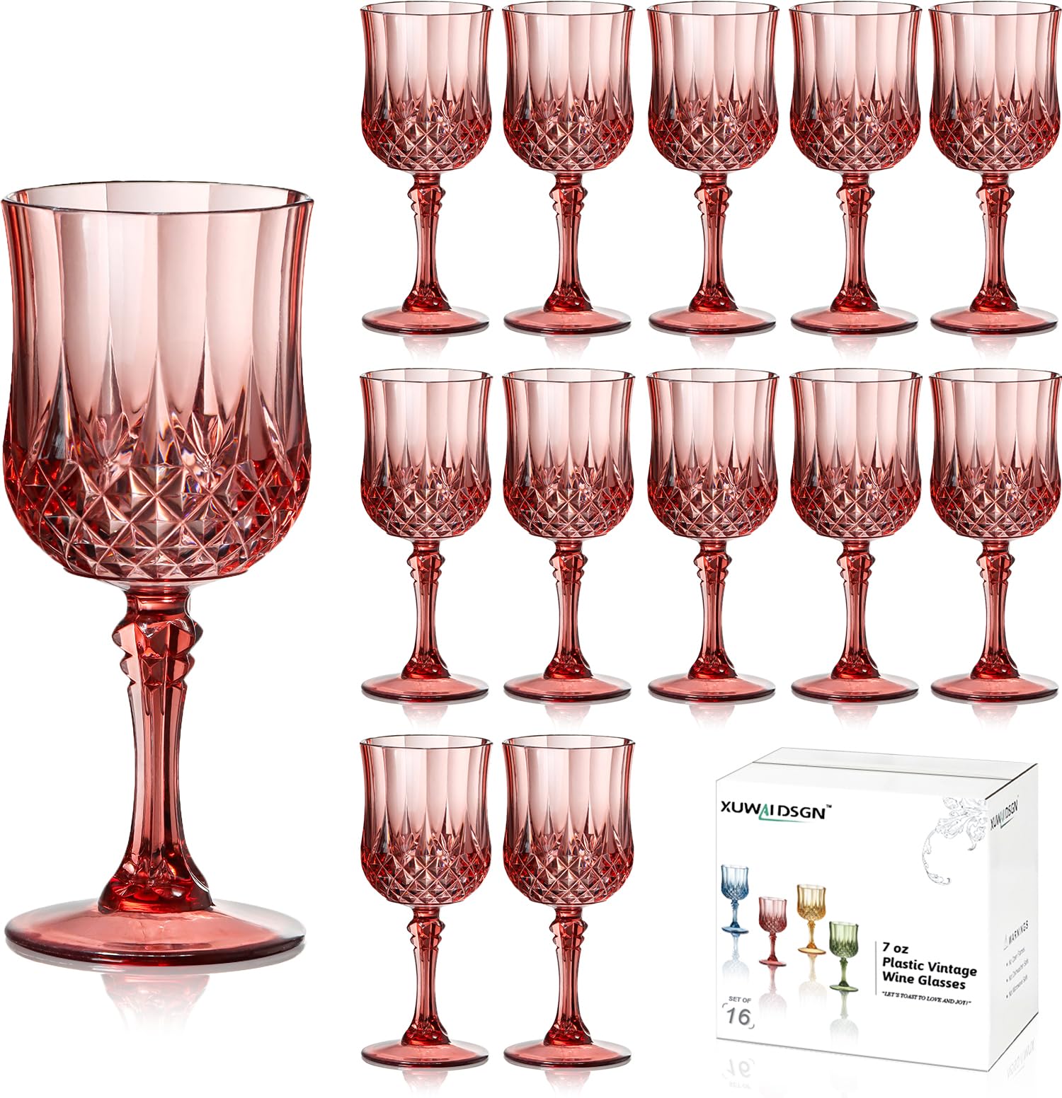 XUWAIDSGN 7oz Plastic Vintage Rose Gold Drinking Glasses Pink Wine Glasses Unbreakable Wedding Glassware Crystal Water Goblets Reusable Drinkware Vintage Champagne Flutes (16, Rose Gold)