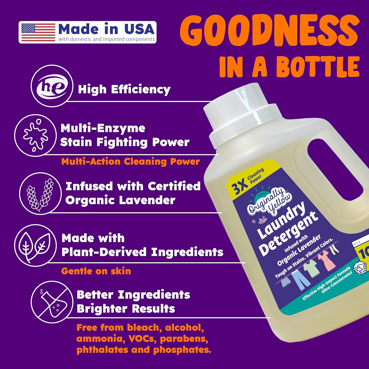 Originally Yellow Plant Based Laundry Detergent | Ultra-Concentrated Natural Laundry Detergent with Organic Lavender | High-Efficiency Clean, Tough on Stains, Gentle on Fabric | 50 Oz