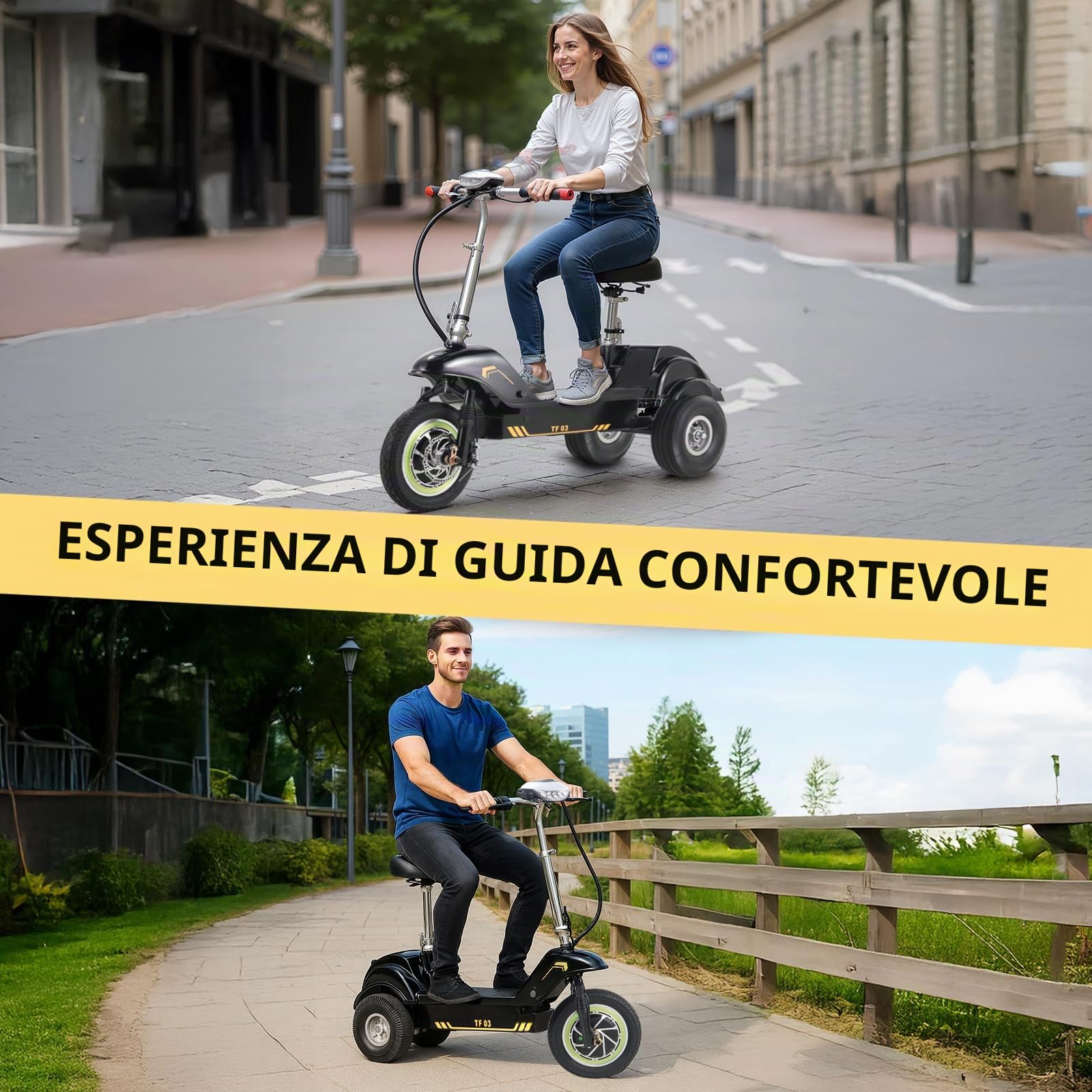 TWOFISH Triciclo Elettrico per Adulti, Batteria da 48V 15Ah, Pneumatici da 12 Pollici Autonomia 38 km Massima 25 km/h, Carico 100 kg, TF-03 (Nero e Giallo)