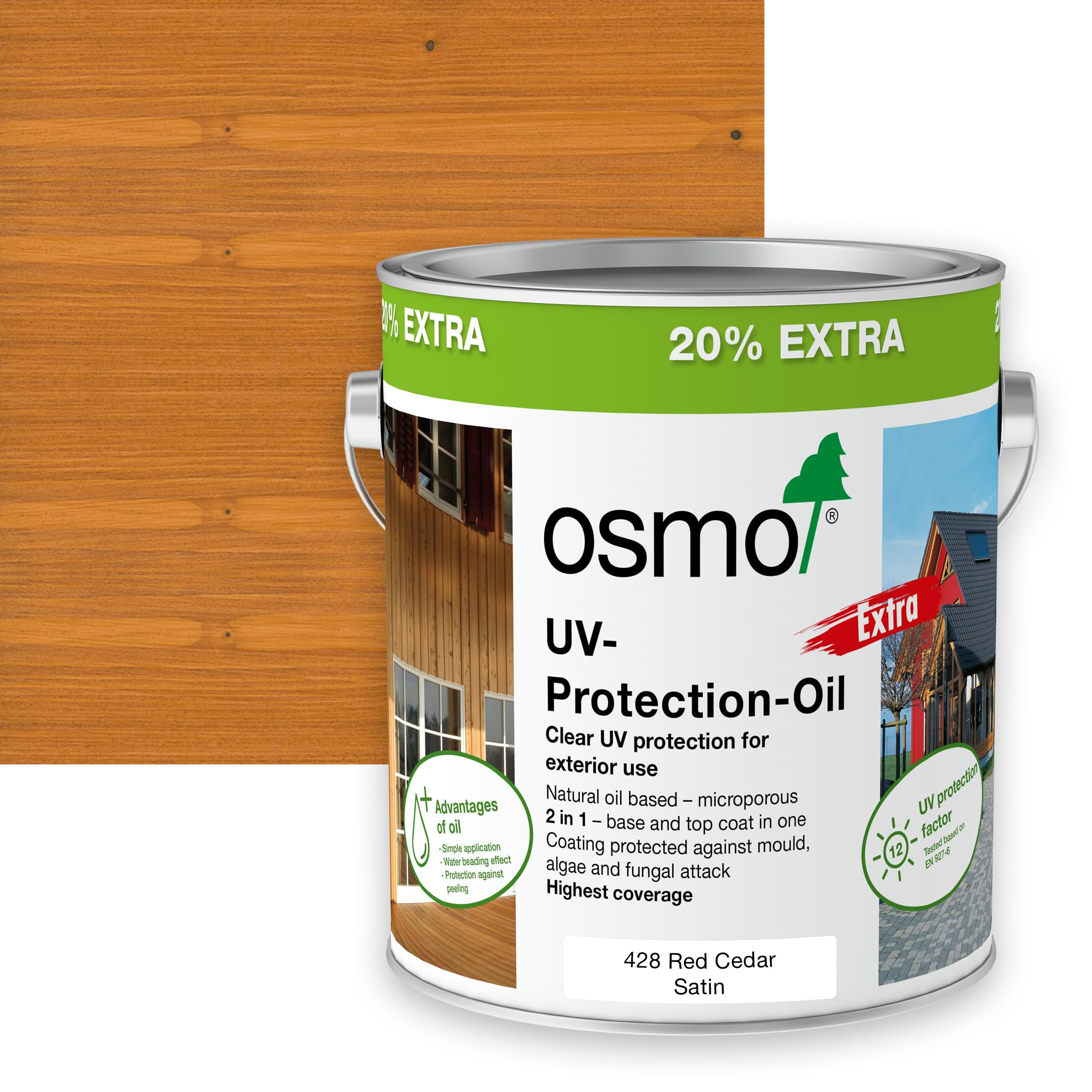Osmo UV Protection Oil Extra, Exterior Wood Finish, Tinted, 3l (Satin, 428 Red Cedar)