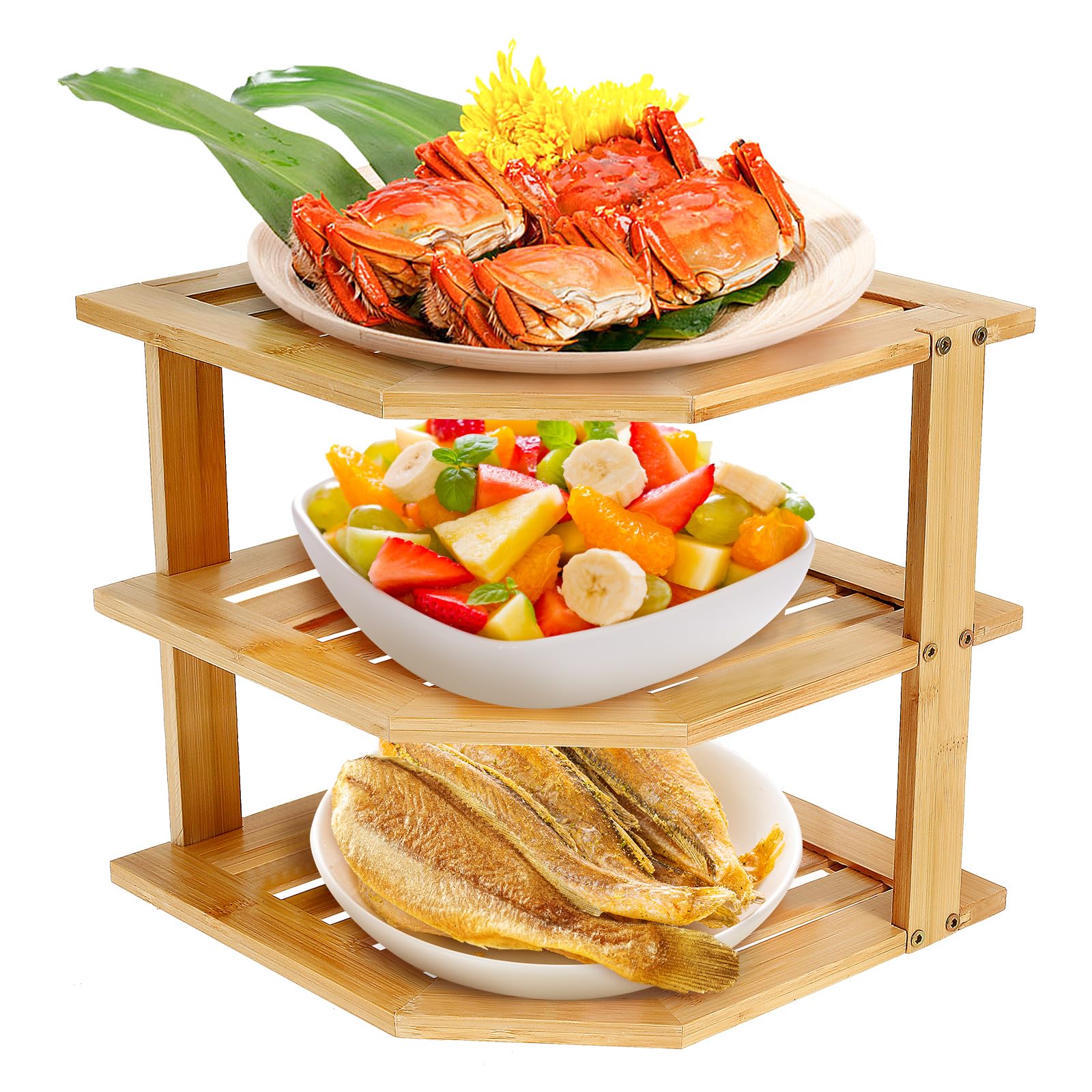 Ktcina Grain 3 Tier Cabinet Organizer Shelf For Kitchen, Bamboo Corner Shelf Plate Rack Corner Storage Cabinet For Plates, Dishes, Cups, Bowls, Bread Pantry, Bathroom Storage Countertop Stand